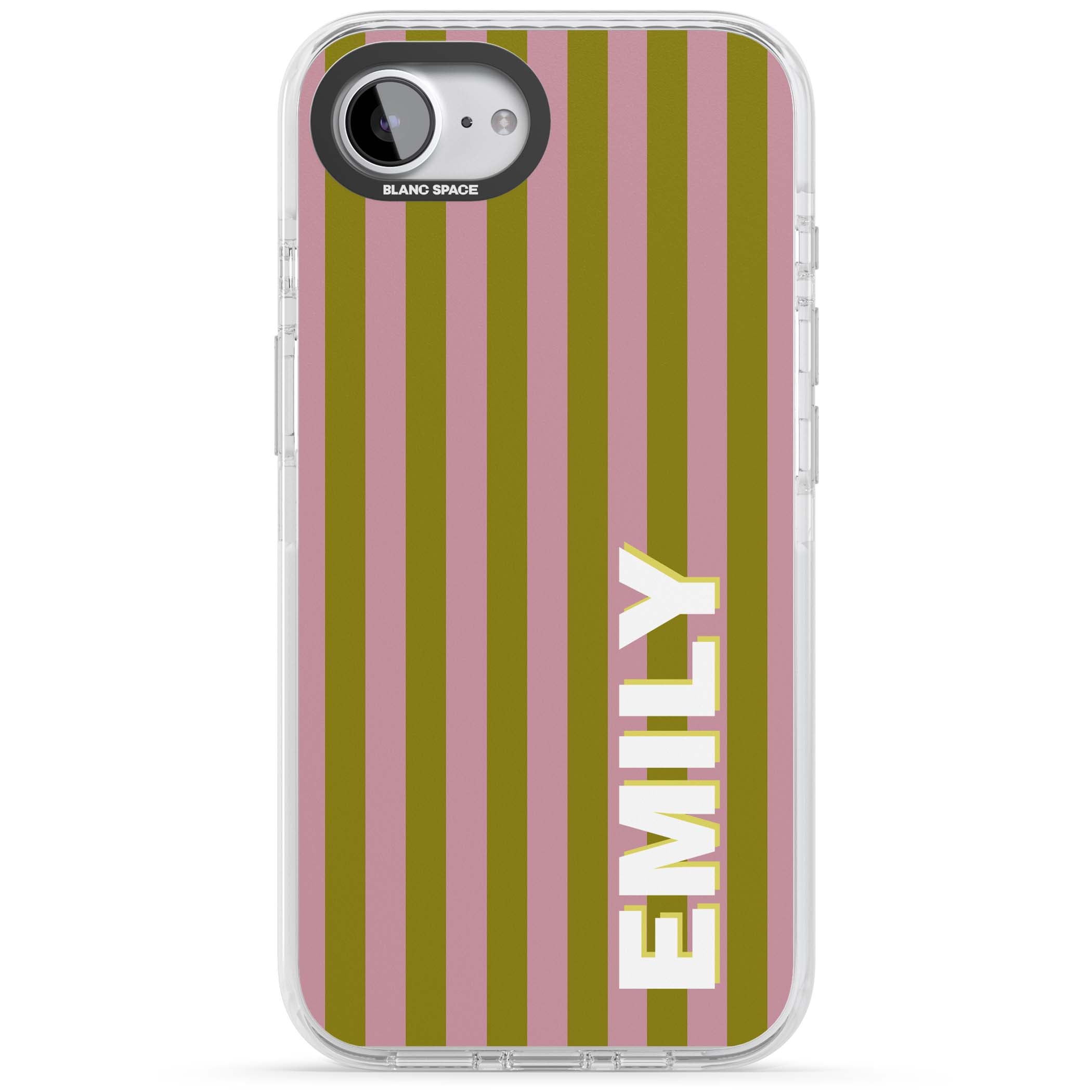 Istanbul Stripe personalised iPhone case featuring pink and olive green vertical stripes with a custom vertical name | Clear Impact case for iPhone 16e, iPhone 17e