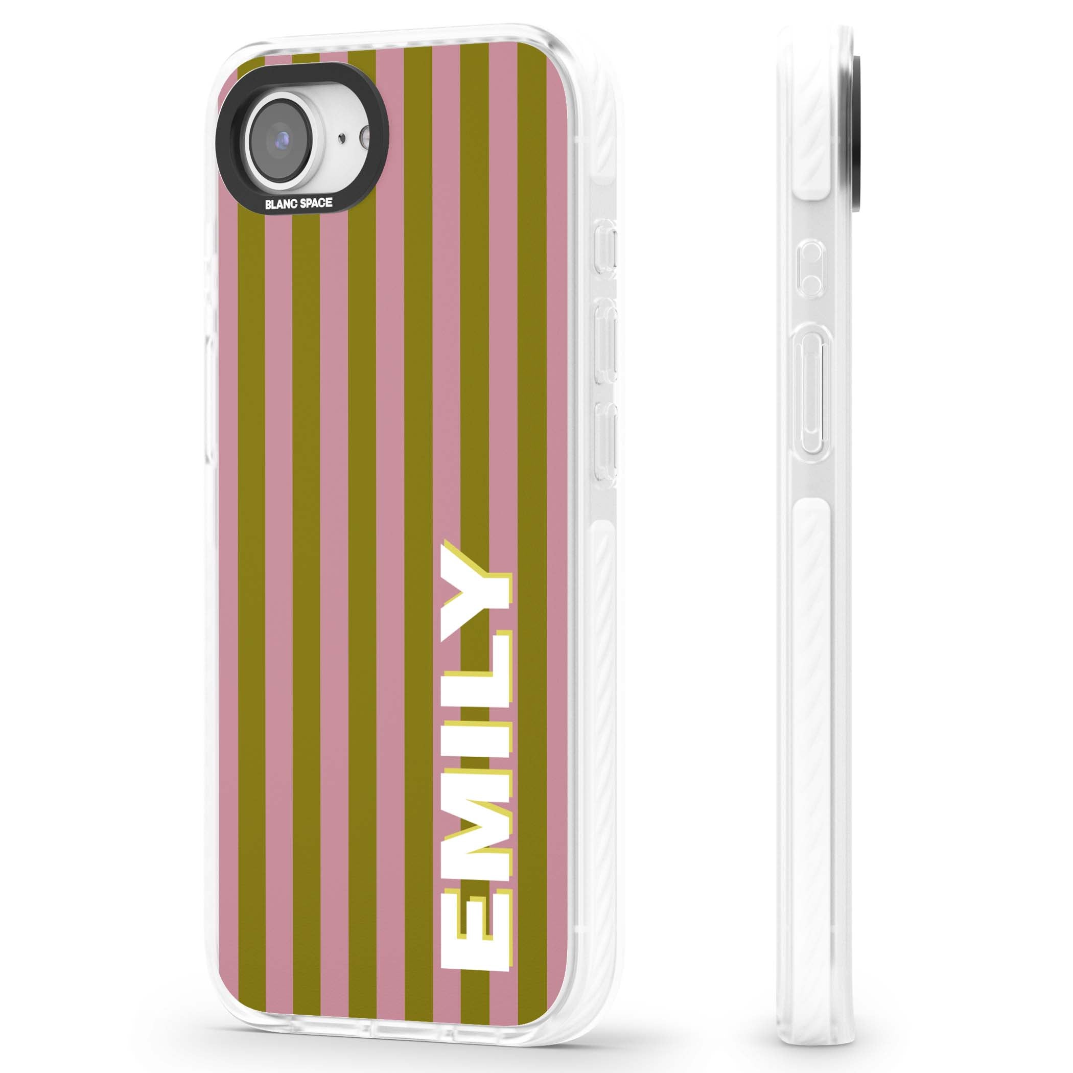 Istanbul Stripe personalised iPhone case featuring pink and olive green vertical stripes with a custom vertical name | Clear Impact case for iPhone 16e, iPhone 17e