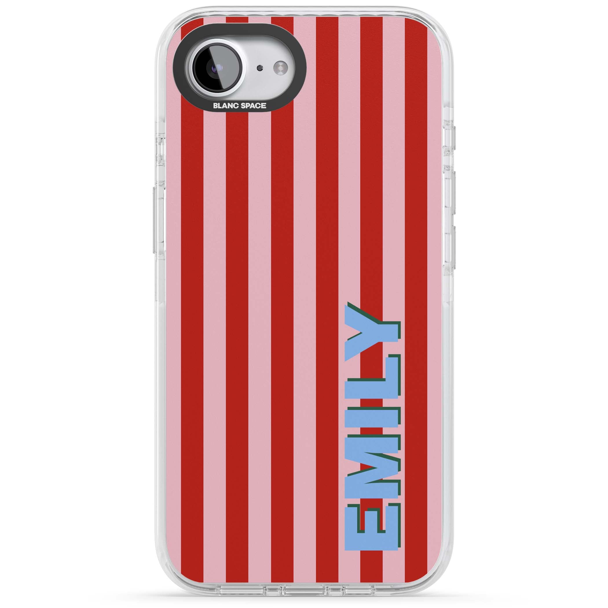 Market Stripe personalised iPhone case with red and pink vertical stripes and custom blue name | Clear Impact case for iPhone 16e, iPhone 17e
