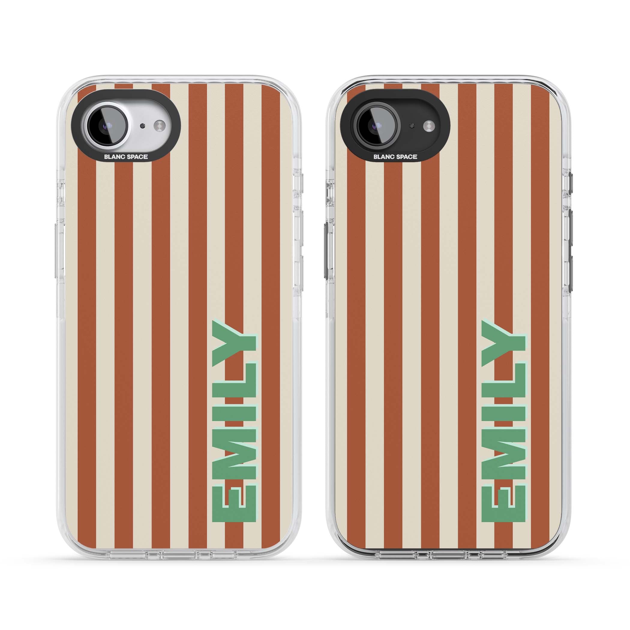 Dune Stripe personalised iPhone case with rust and cream vertical stripes and custom name in mint green | Clear Impact case for iPhone 16e, iPhone 17e