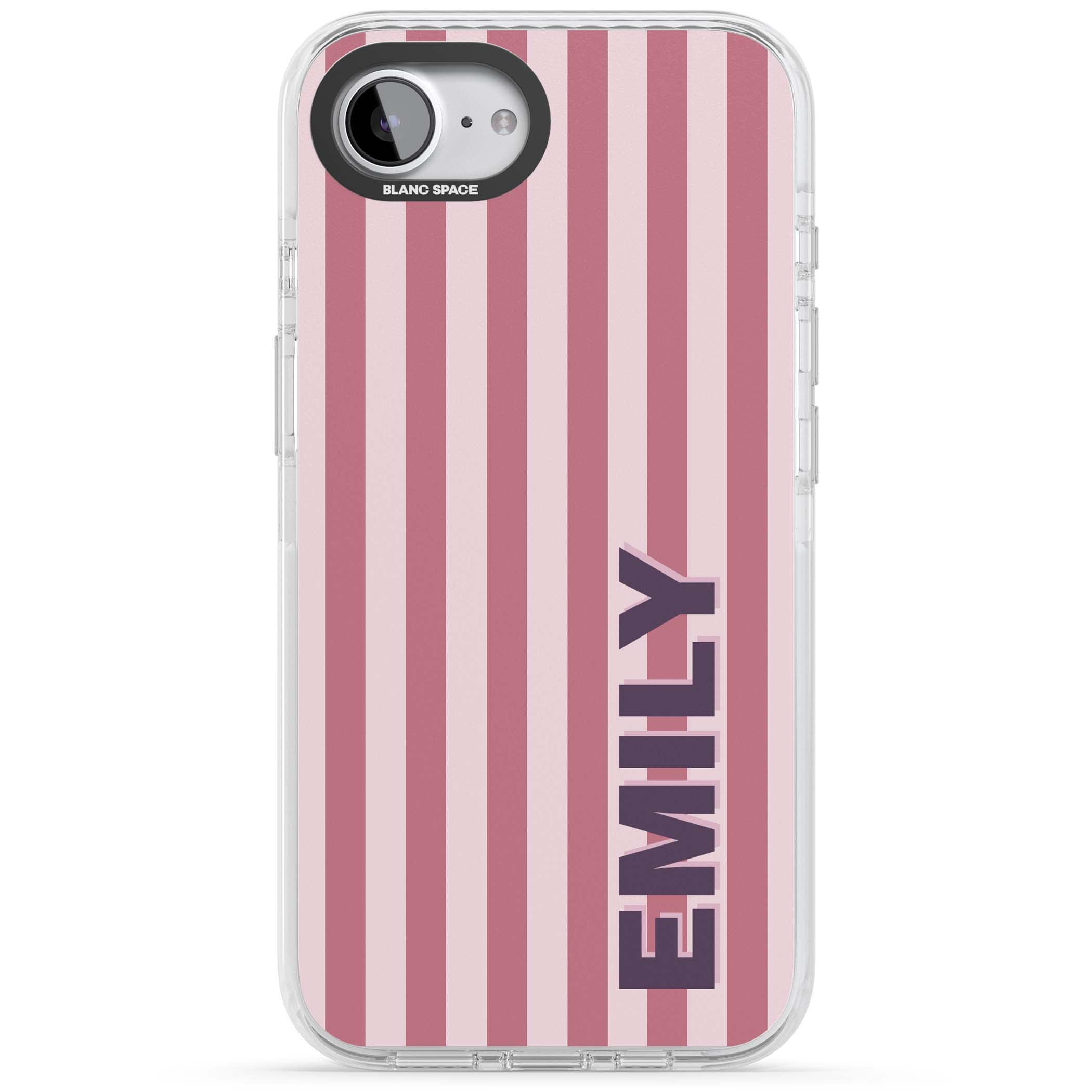 Victoria Stripe personalised iPhone case featuring pink vertical stripes and custom name in bold plum lettering | Clear Impact case for iPhone 16e, iPhone 17e