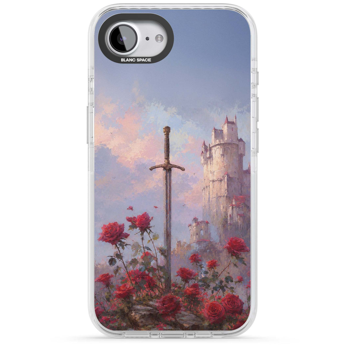 Sword in Roses medieval art iPhone case featuring a sword, red roses, and a misty fairytale castle at sunset | Clear Impact case for iPhone 16e, iPhone 17e