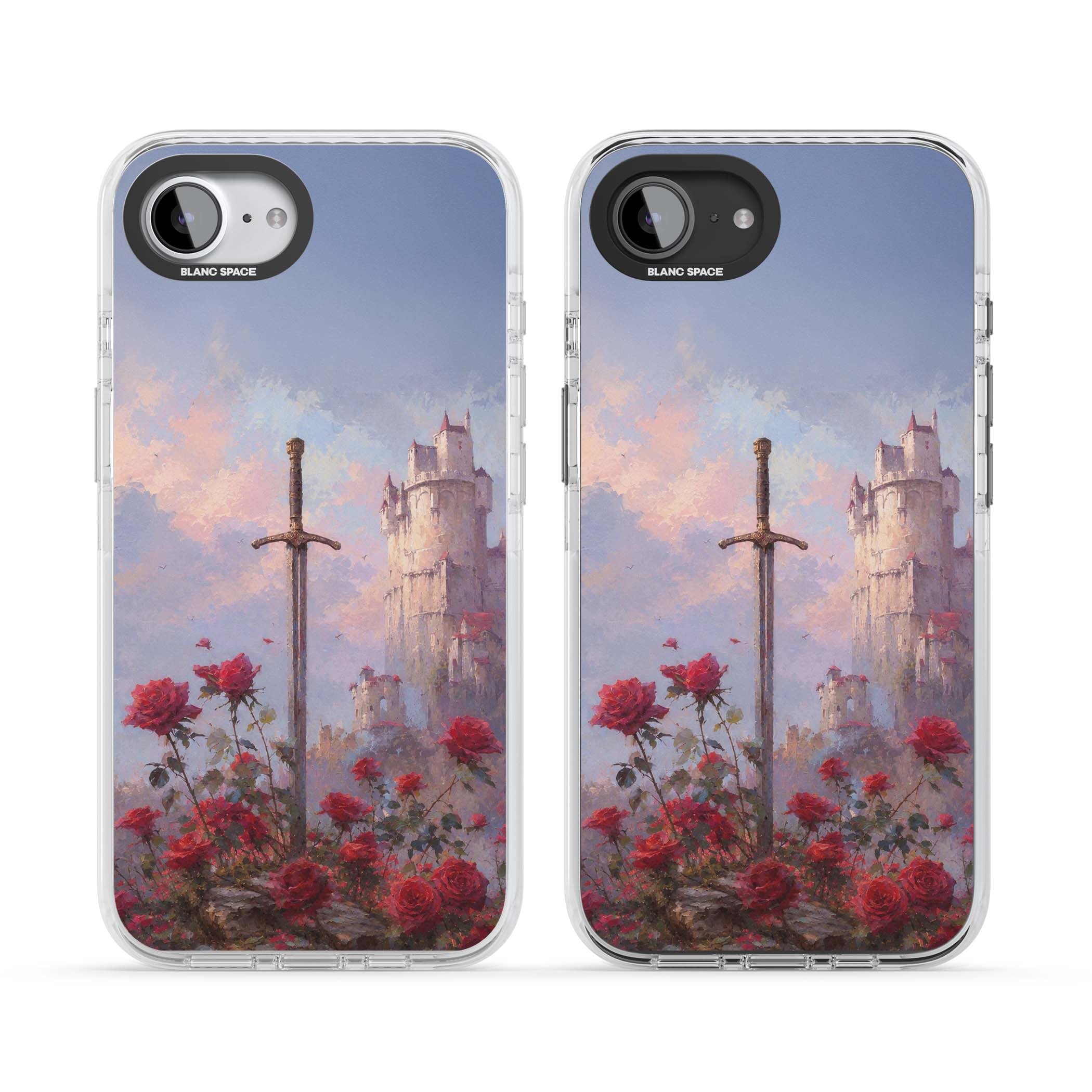 Sword in Roses medieval art iPhone case featuring a sword, red roses, and a misty fairytale castle at sunset | Clear Impact case for iPhone 16e, iPhone 17e
