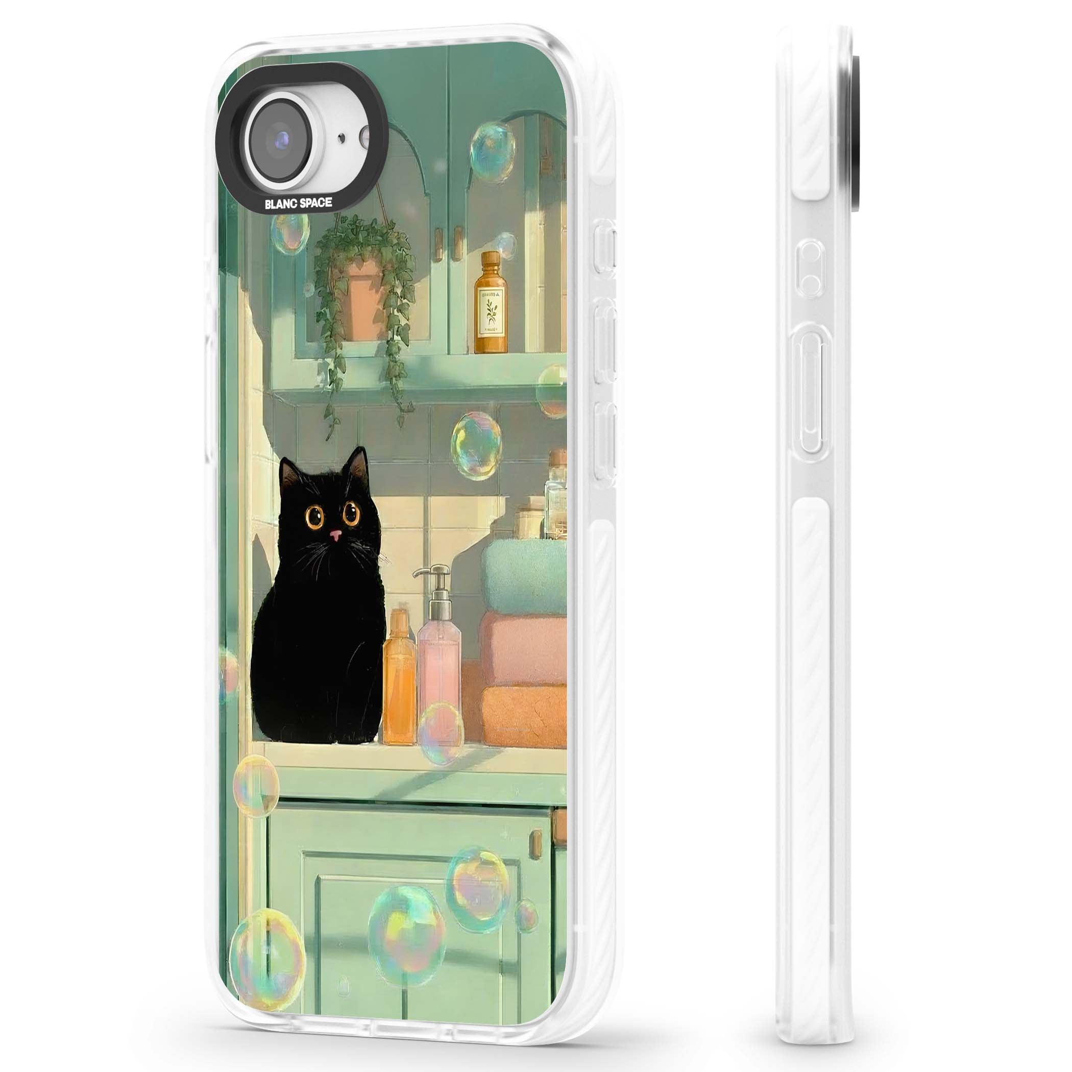 Bathroom Bubble Kitty cottagecore iPhone case featuring a black cat, mint bathroom scene and floating soap bubbles | Clear Impact case for iPhone 16e, iPhone 17e