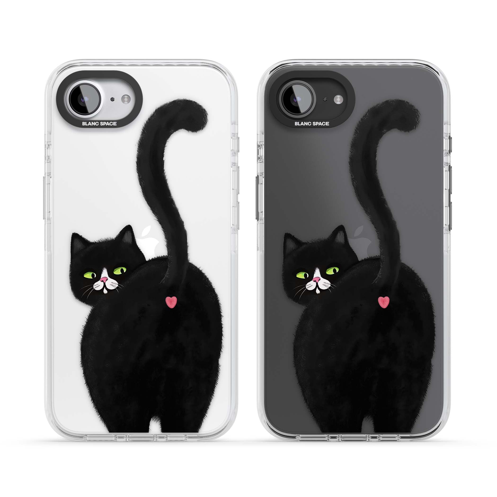 The Cat's Kiss cute cat iPhone case featuring a hand-painted tuxedo kitty with green eyes and a pink heart on a clear  | Clear Impact case for iPhone 16e, iPhone 17e