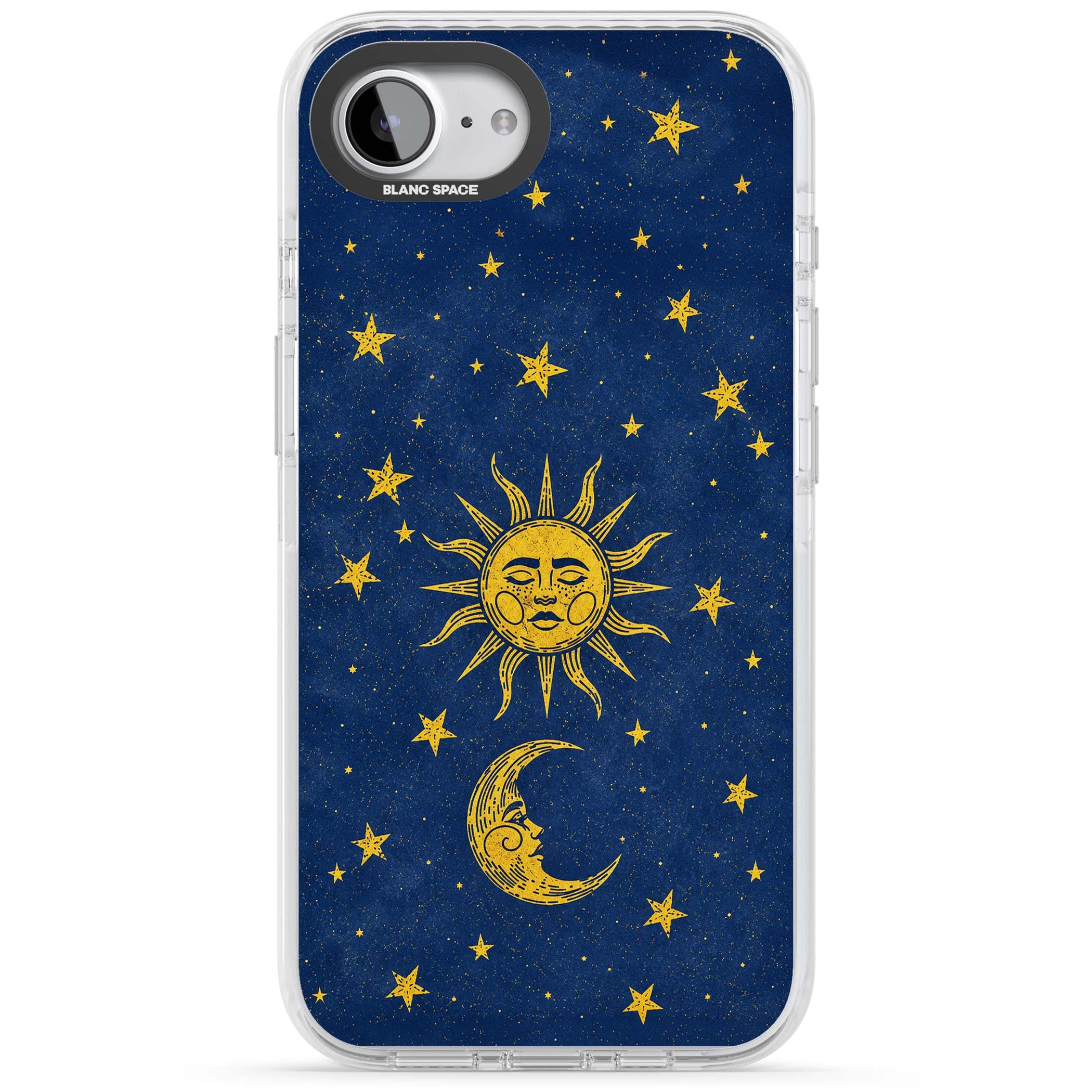 Sun & Moon Reverie celestial iPhone case featuring a vintage golden sun, crescent moon and scattered stars on midnight blue | Clear Impact case for iPhone 16e, iPhone 17e