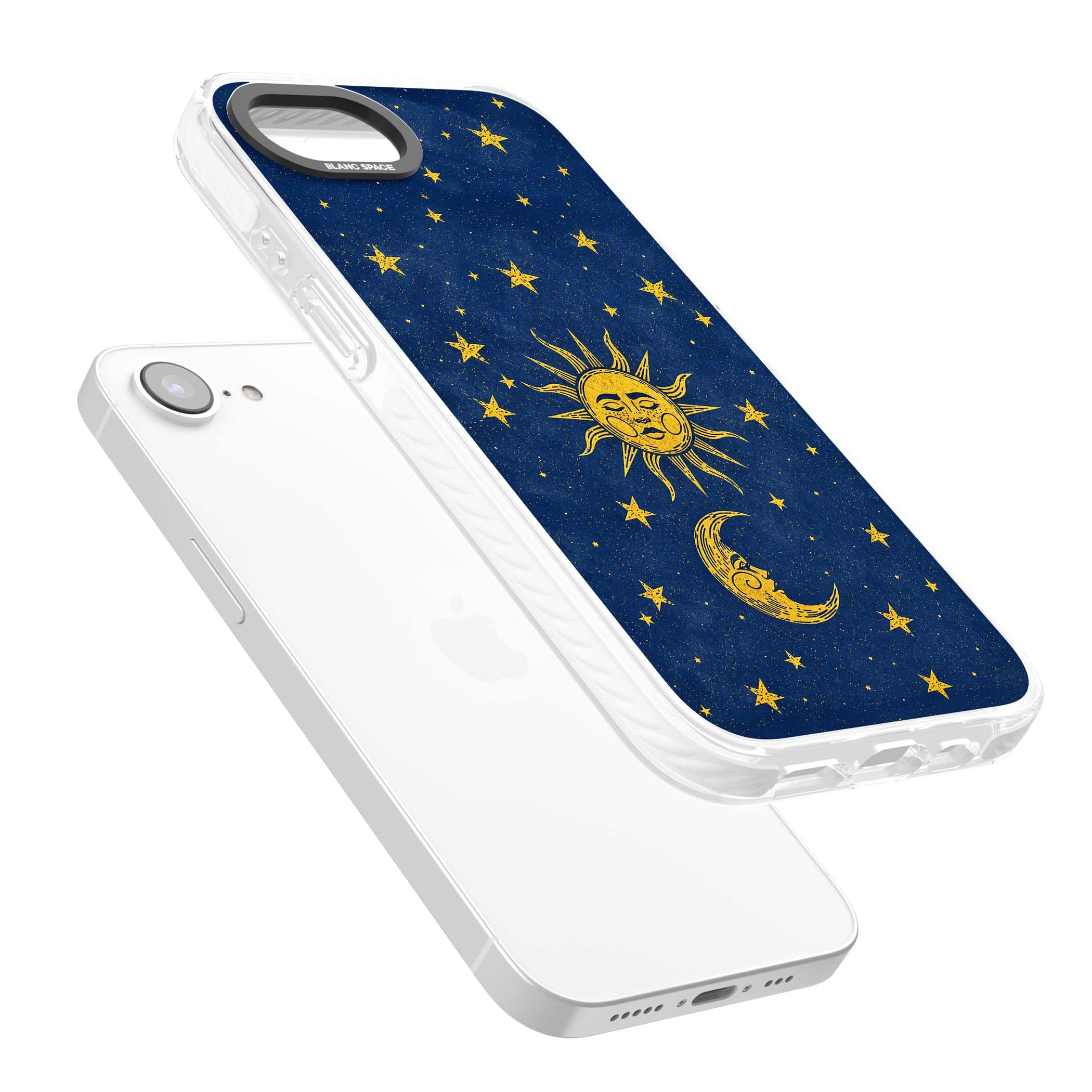 Sun & Moon Reverie celestial iPhone case featuring a vintage golden sun, crescent moon and scattered stars on midnight blue | Clear Impact case for iPhone 16e, iPhone 17e