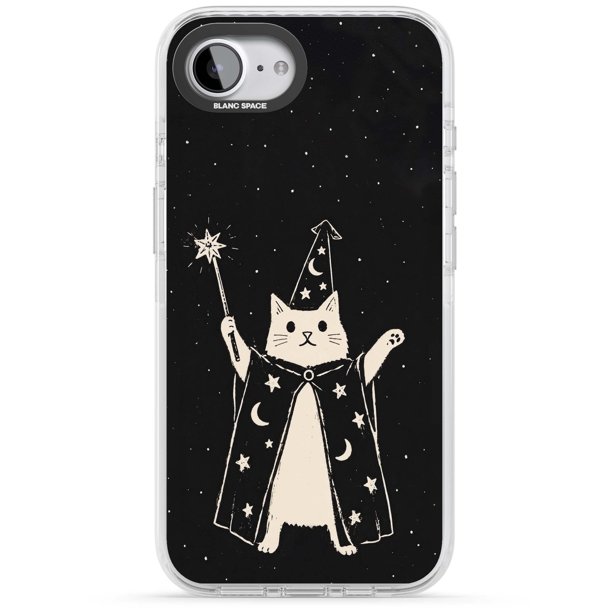 Whisker Wizard celestial cat iPhone case featuring a wizard cat with magic wand, starry night sky and crescent moons | Clear Impact case for iPhone 16e, iPhone 17e
