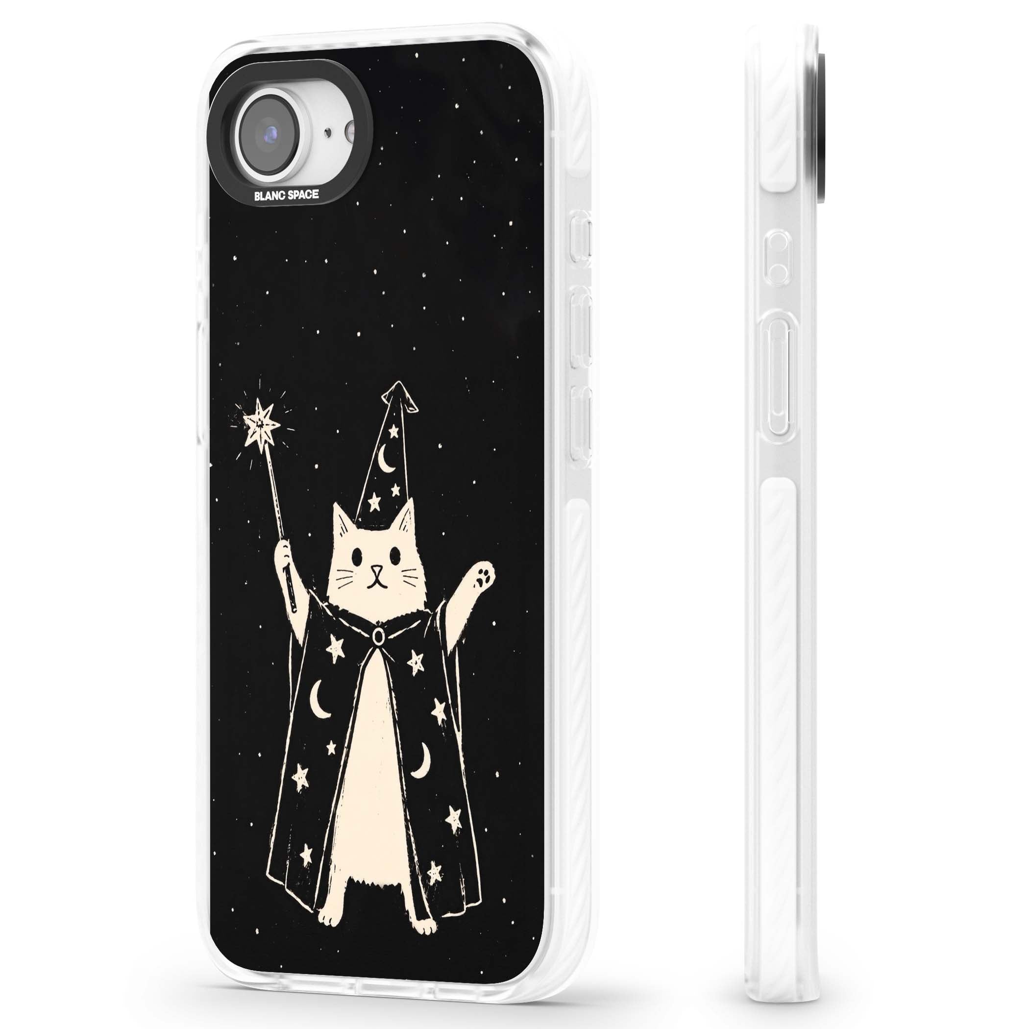 Whisker Wizard celestial cat iPhone case featuring a wizard cat with magic wand, starry night sky and crescent moons | Clear Impact case for iPhone 16e, iPhone 17e