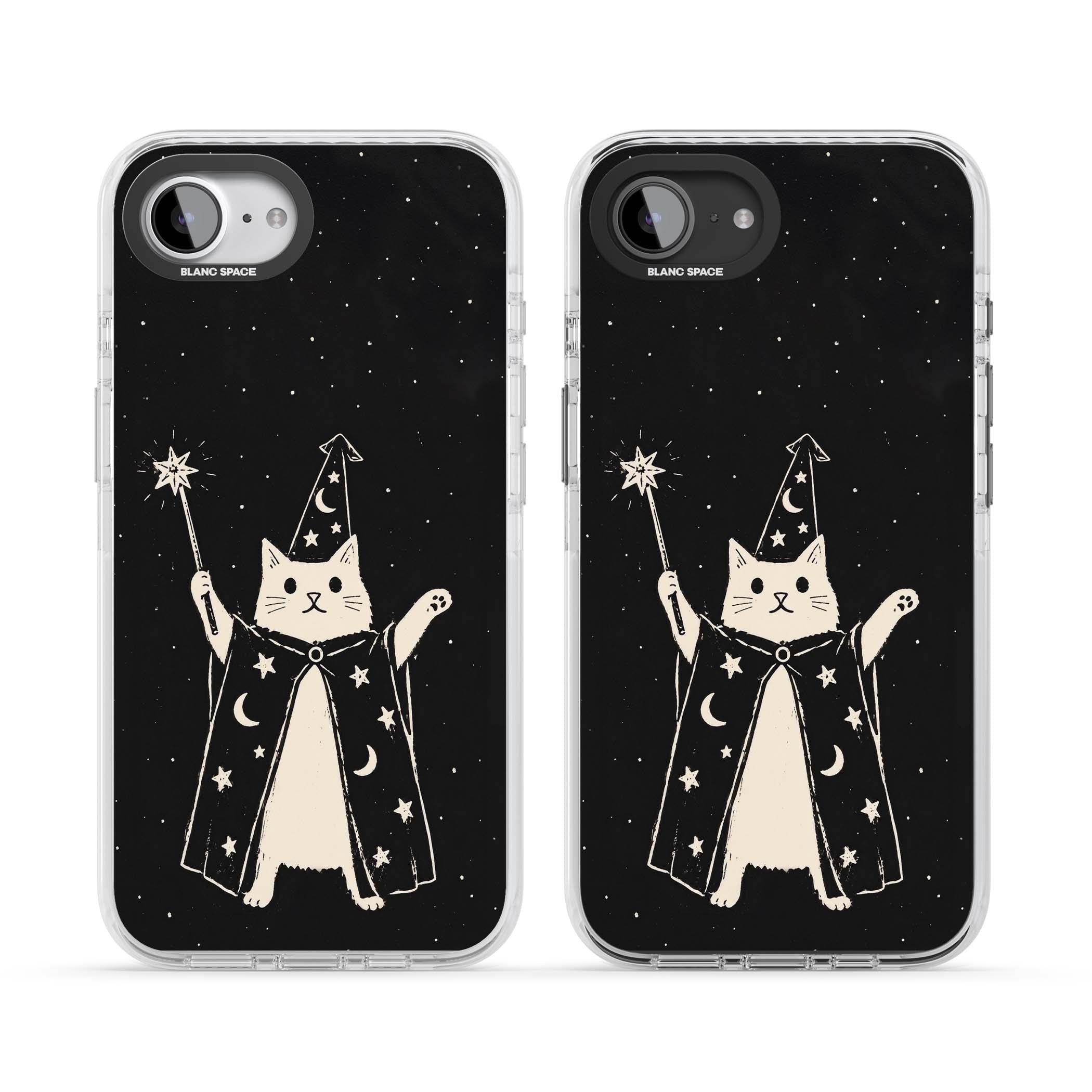 Whisker Wizard celestial cat iPhone case featuring a wizard cat with magic wand, starry night sky and crescent moons | Clear Impact case for iPhone 16e, iPhone 17e