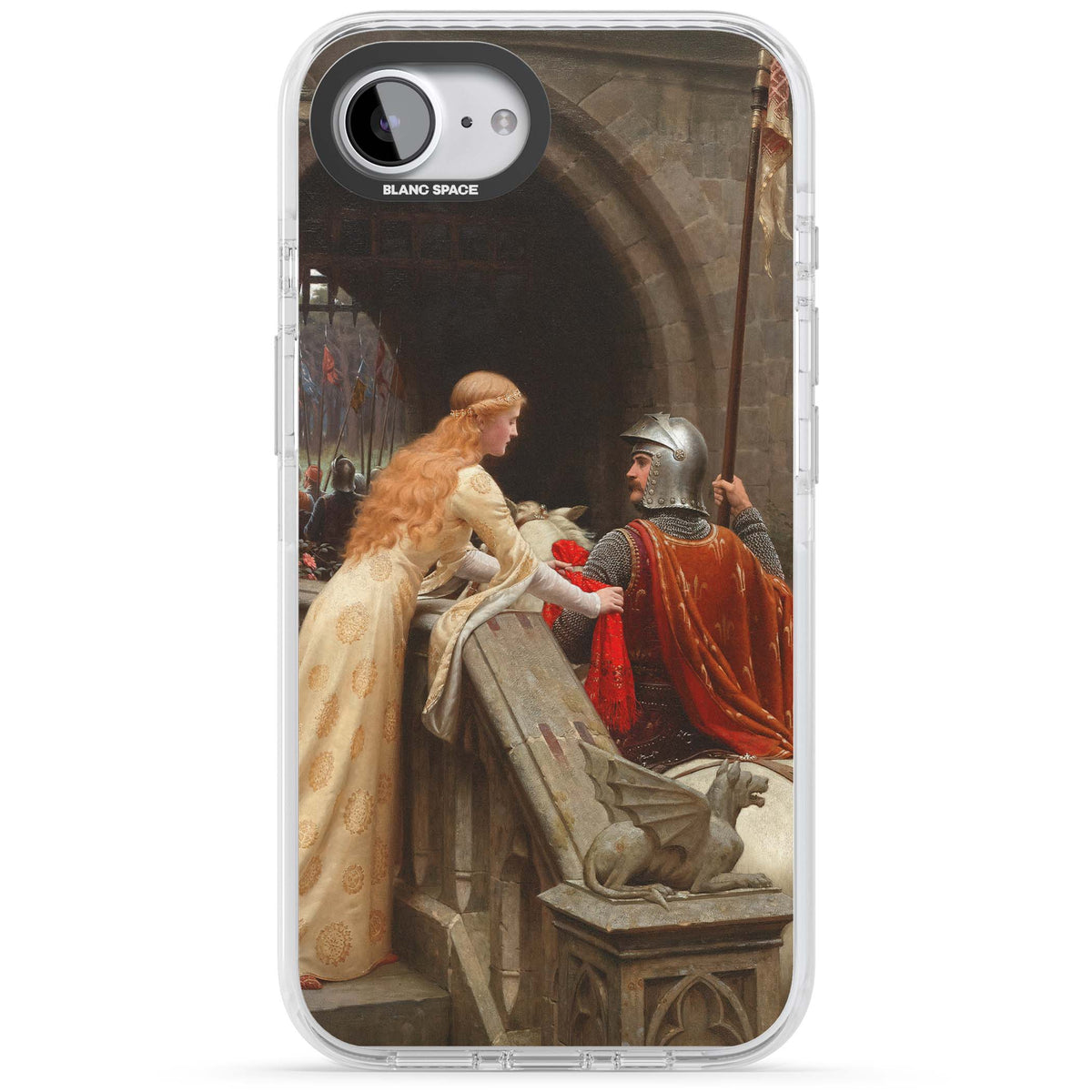 God Speed fine art iPhone case featuring Edmund Blair Leighton's medieval knight and lady beneath a stone archway | Clear Impact case for iPhone 16e, iPhone 17e