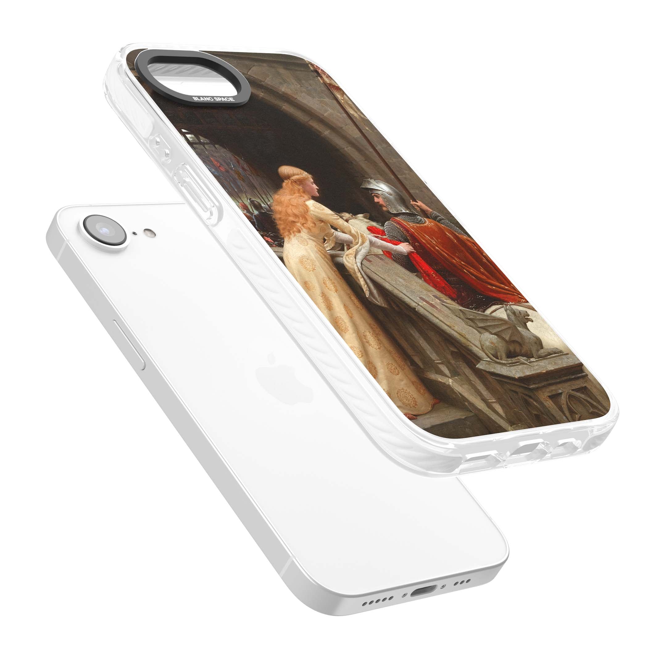 God Speed fine art iPhone case featuring Edmund Blair Leighton's medieval knight and lady beneath a stone archway | Clear Impact case for iPhone 16e, iPhone 17e