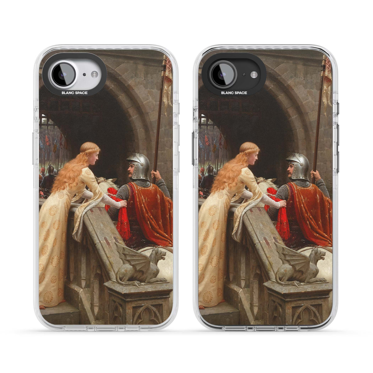 God Speed fine art iPhone case featuring Edmund Blair Leighton's medieval knight and lady beneath a stone archway | Clear Impact case for iPhone 16e, iPhone 17e