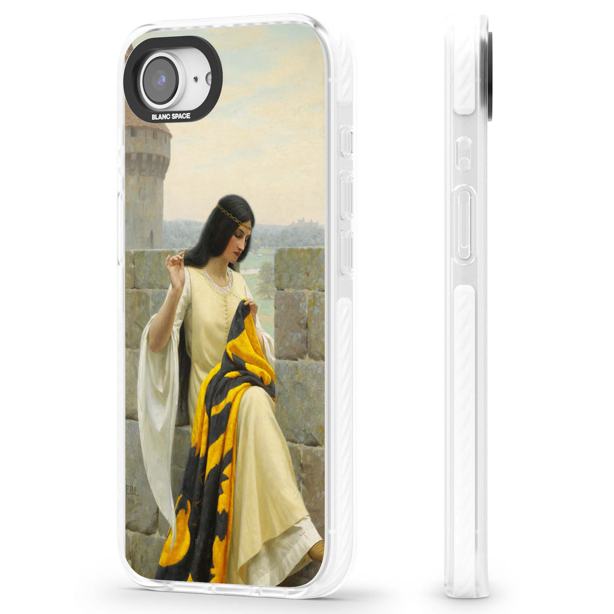 Stitching the Standard renaissance art iPhone case featuring a medieval lady sewing a golden banner on a castle wall | Clear Impact case for iPhone 16e, iPhone 17e