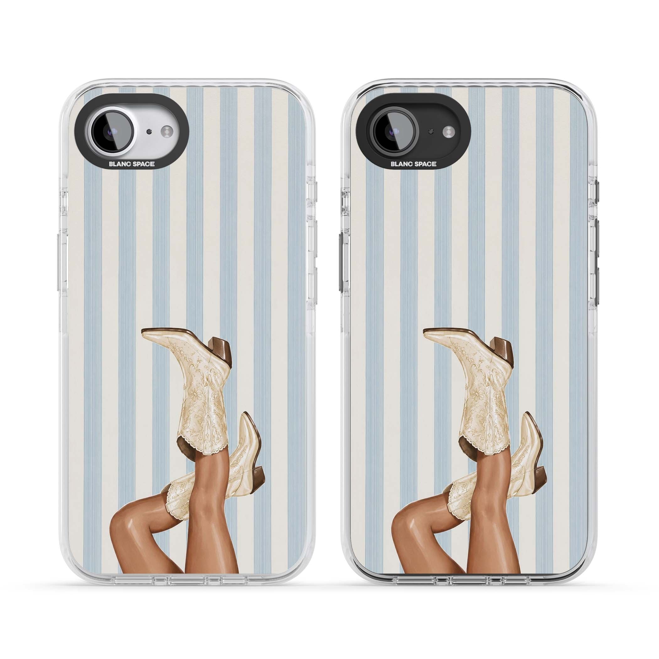 Cowgirl Boots coastal cowgirl iPhone case featuring embroidered western boots, tanned legs and a blue stripe backdrop | Clear Impact case for iPhone 16e, iPhone 17e