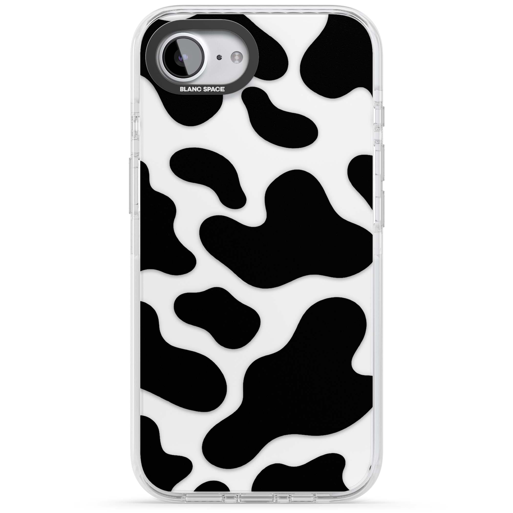 Clear Cow Print cow print iPhone case featuring black and white cow pattern splotches on a clear background | Clear Impact case for iPhone 16e, iPhone 17e