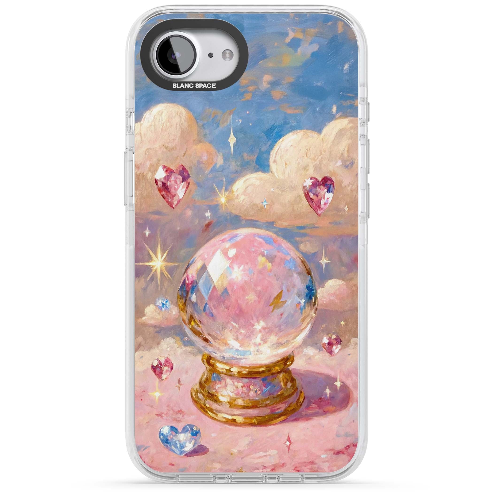 Crystal Ball fairycore iPhone case featuring a painted crystal ball, heart gemstones, and pastel clouds | Clear Impact case for iPhone 16e, iPhone 17e