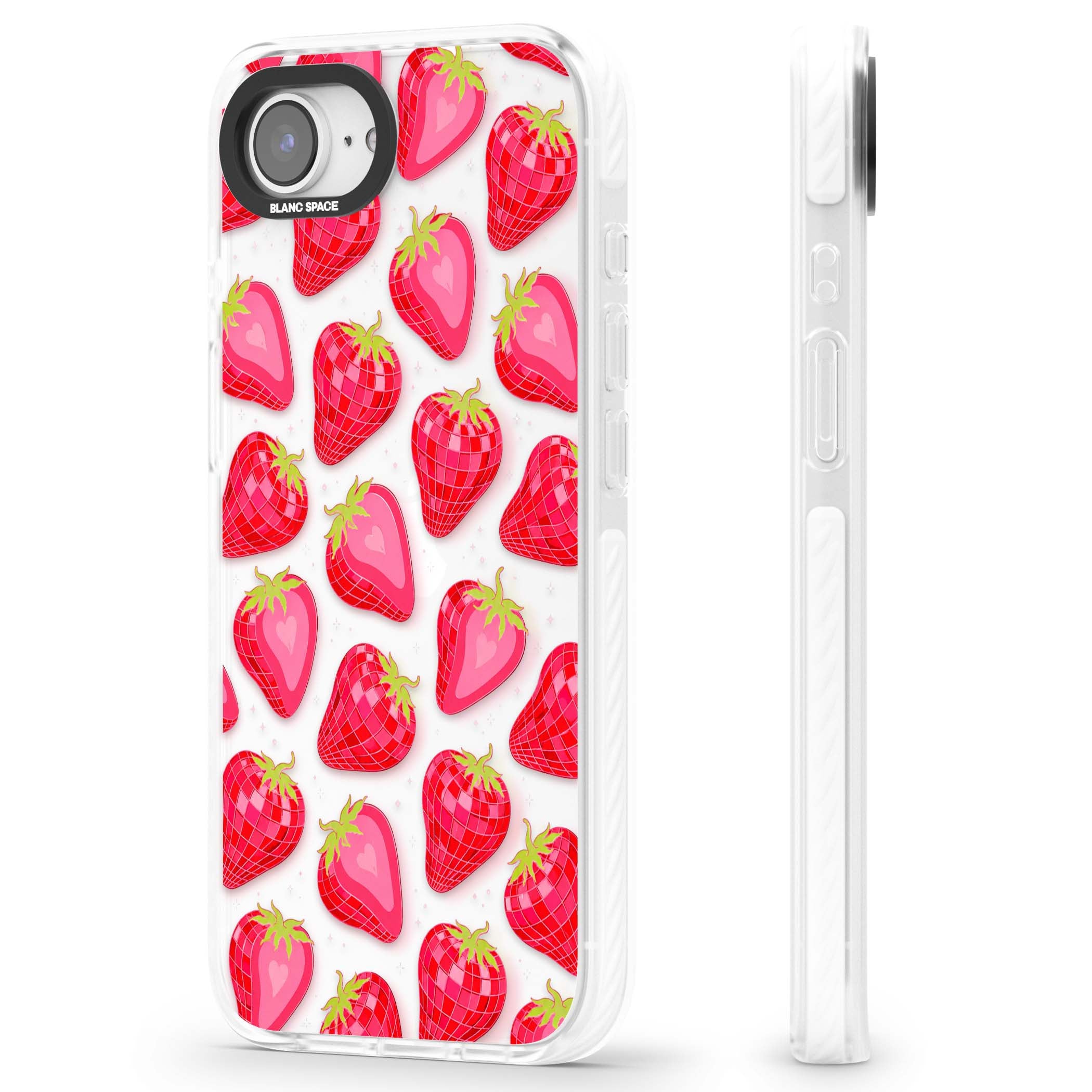 Disco Strawberry Y2K iPhone case featuring pink disco-ball strawberries, green leaves and tiny sparkles | Clear Impact case for iPhone 16e, iPhone 17e
