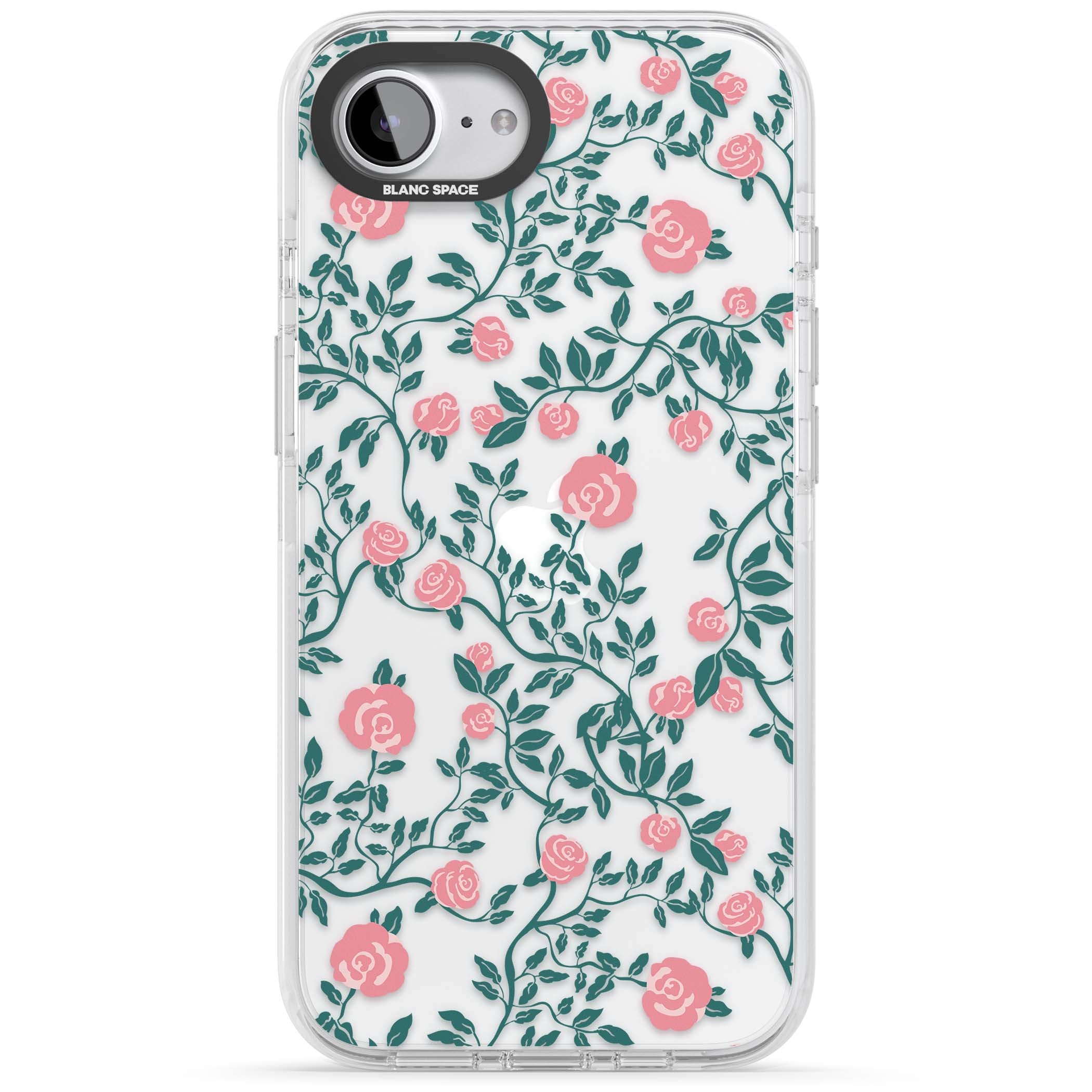 Rose Trellis (Clear) cottagecore iPhone case featuring pink climbing roses and green leaves on clear background | Clear Impact case for iPhone 16e, iPhone 17e