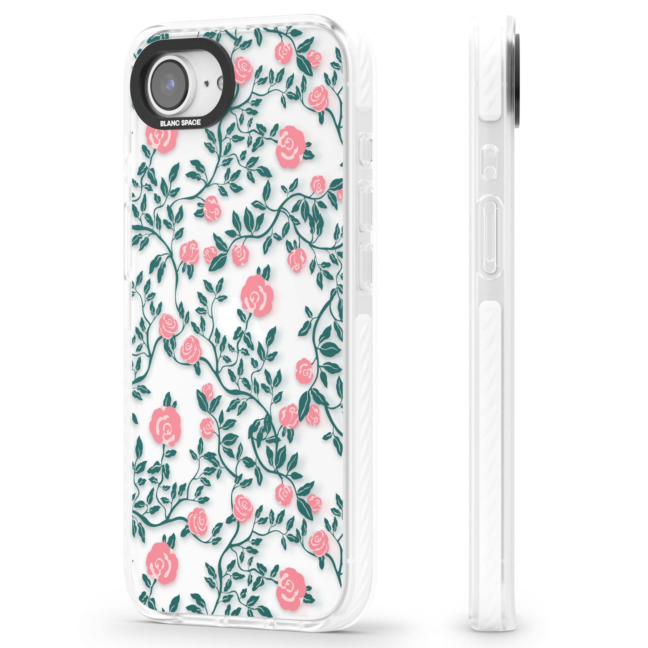 Rose Trellis (Clear) cottagecore iPhone case featuring pink climbing roses and green leaves on clear background | Clear Impact case for iPhone 16e, iPhone 17e