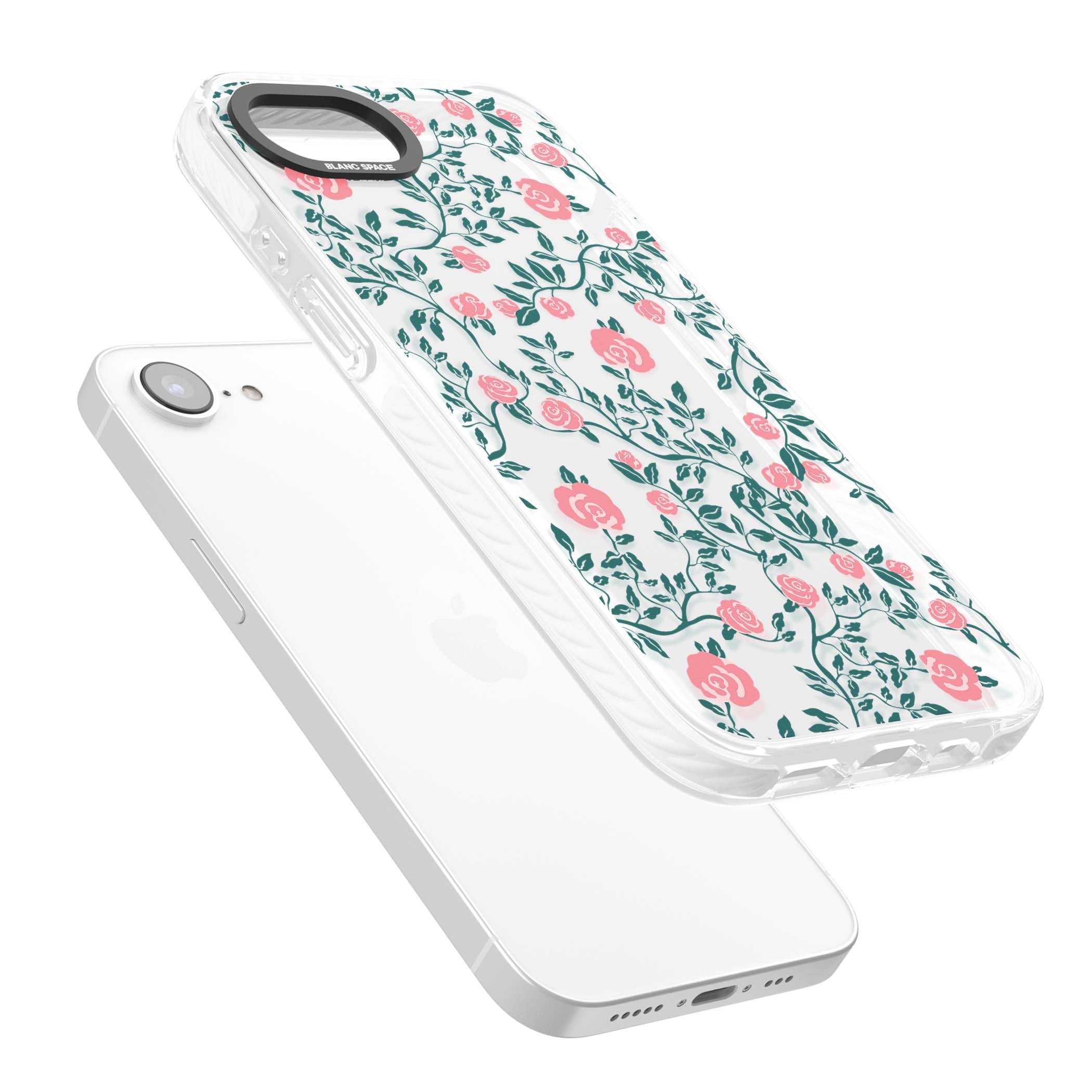 Rose Trellis (Clear) cottagecore iPhone case featuring pink climbing roses and green leaves on clear background | Clear Impact case for iPhone 16e, iPhone 17e