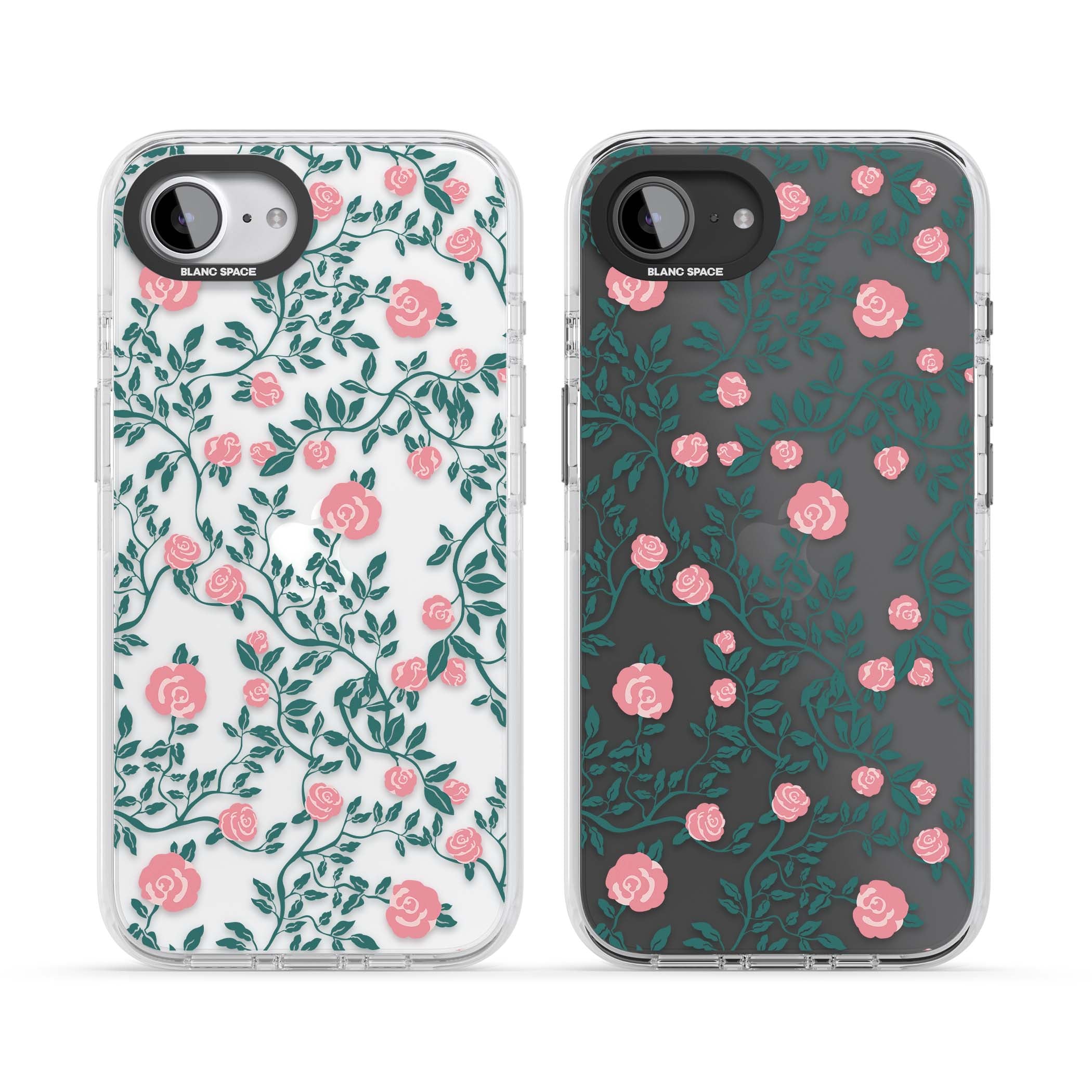 Rose Trellis (Clear) cottagecore iPhone case featuring pink climbing roses and green leaves on clear background | Clear Impact case for iPhone 16e, iPhone 17e