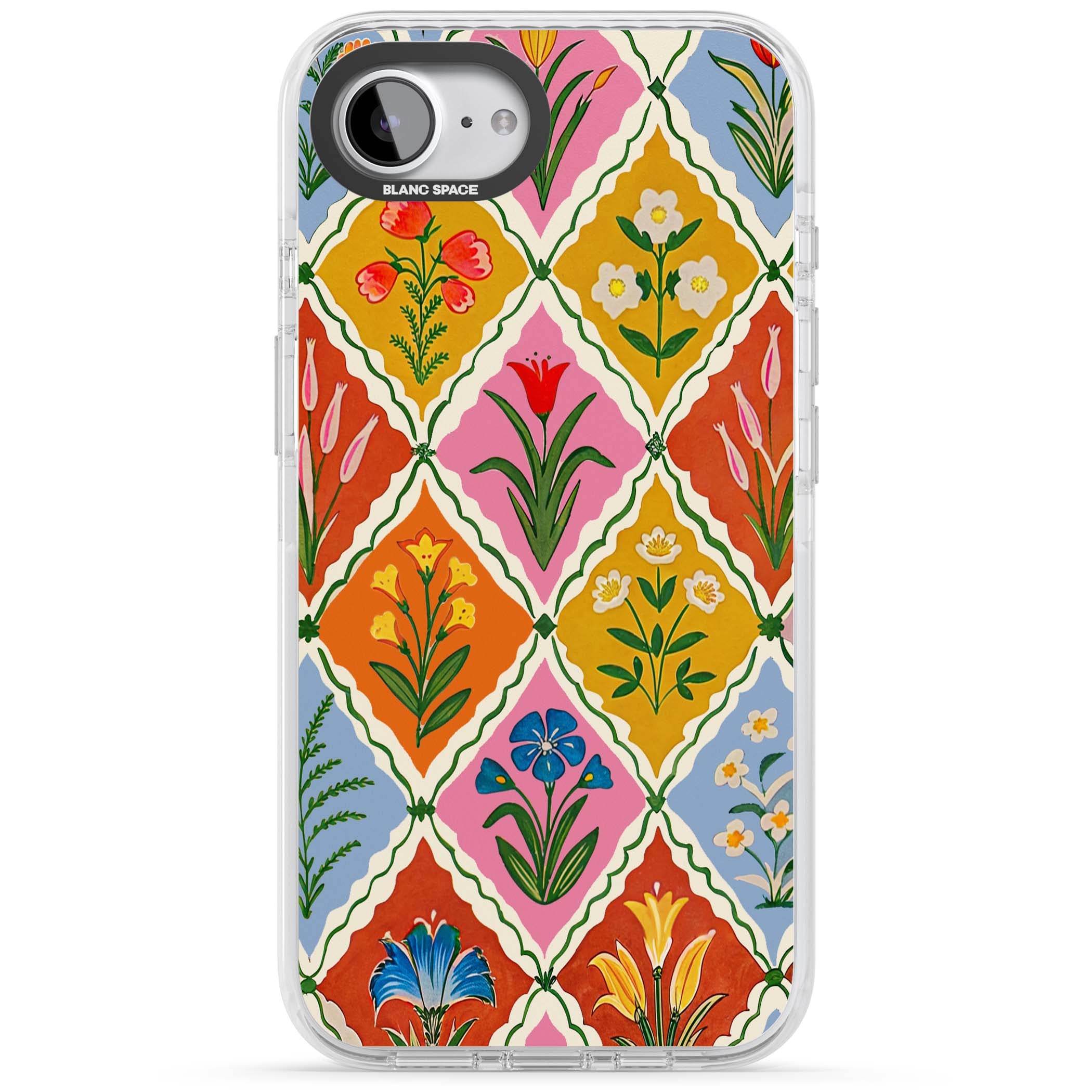 Floral Quilt boho floral iPhone case featuring diamond lattice pattern, hand-painted tulips and folk art wildflowers | Clear Impact case for iPhone 16e, iPhone 17e