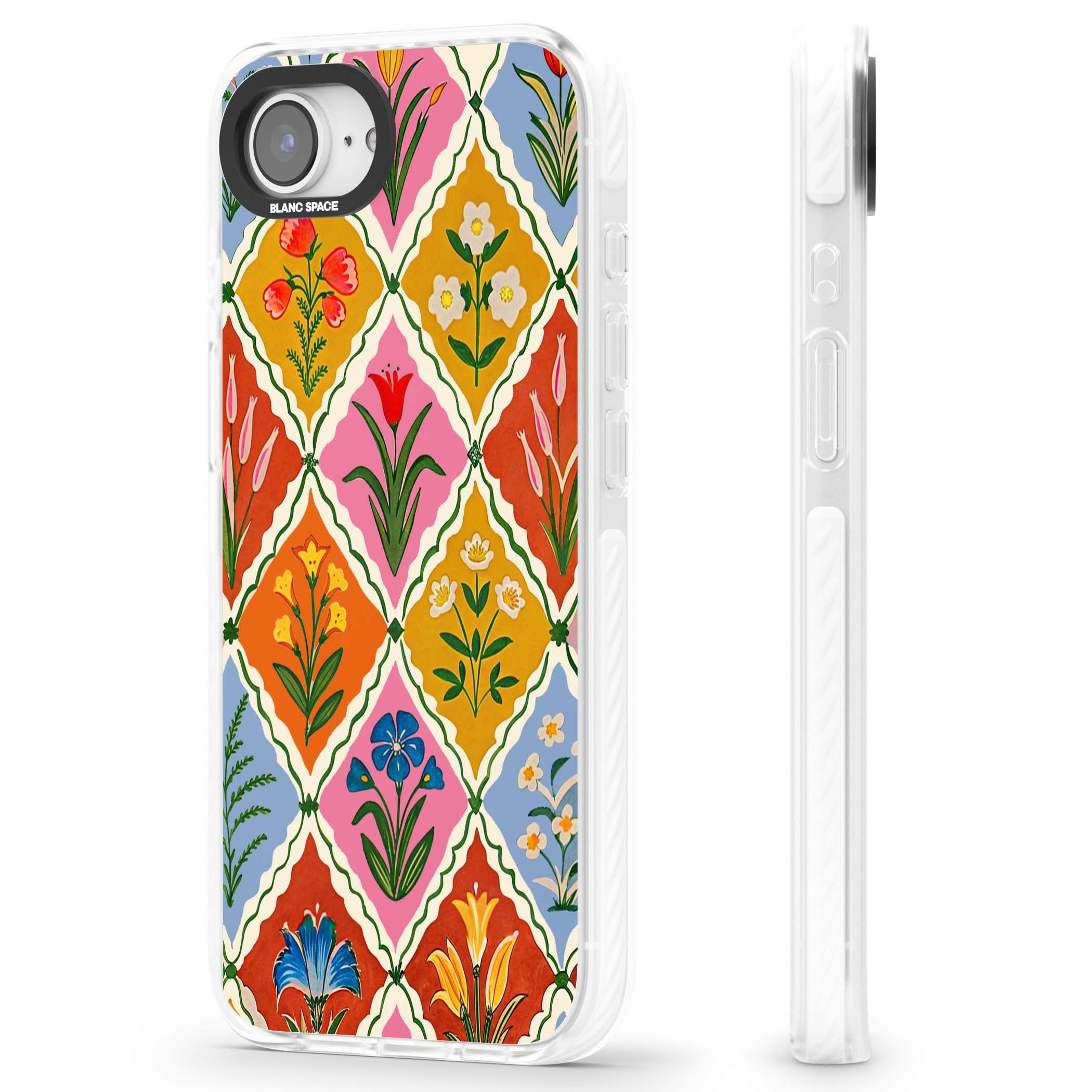 Floral Quilt boho floral iPhone case featuring diamond lattice pattern, hand-painted tulips and folk art wildflowers | Clear Impact case for iPhone 16e, iPhone 17e