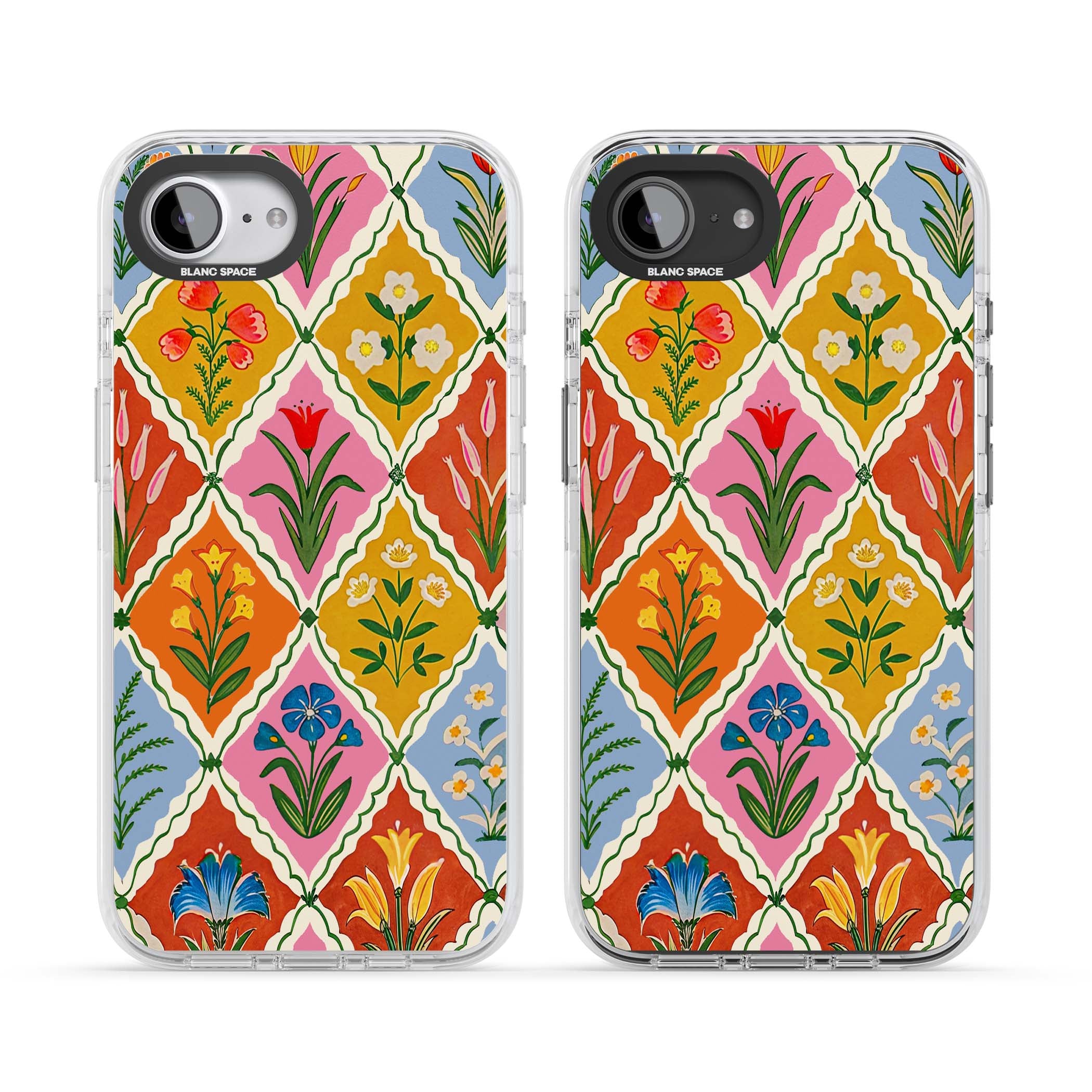Floral Quilt boho floral iPhone case featuring diamond lattice pattern, hand-painted tulips and folk art wildflowers | Clear Impact case for iPhone 16e, iPhone 17e