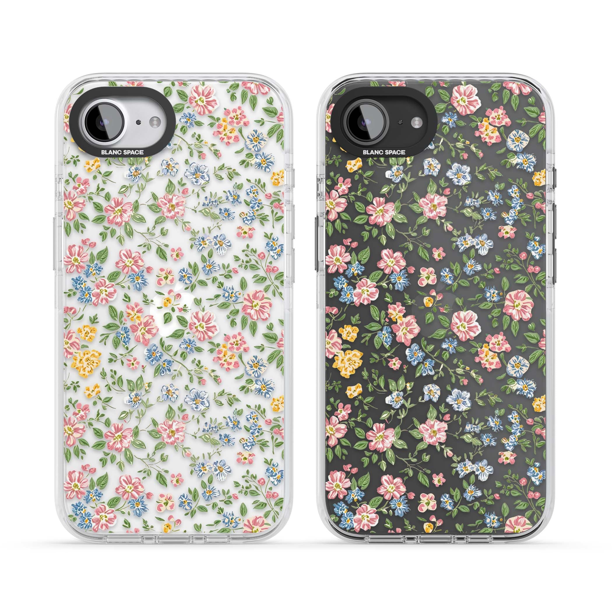 Soft Meadow cottagecore iPhone case featuring pink cosmos, blue forget-me-nots, yellow buttercups and green leaves sca | Clear Impact case for iPhone 16e, iPhone 17e