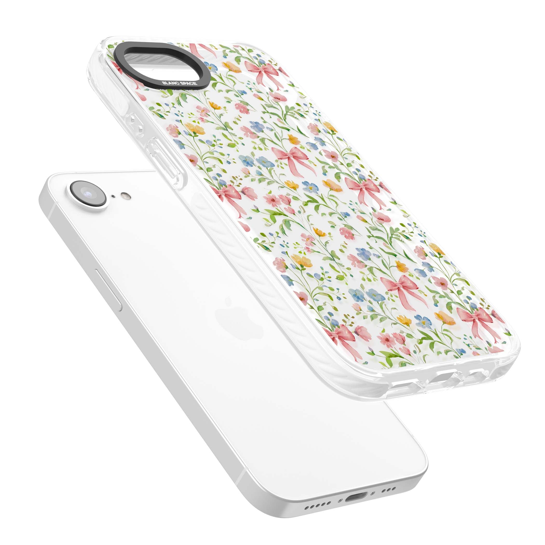 Ribbons & Wildflowers cottagecore iPhone case featuring watercolor wildflowers, pink satin bows, and delicate spring blooms o | Clear Impact case for iPhone 16e, iPhone 17e