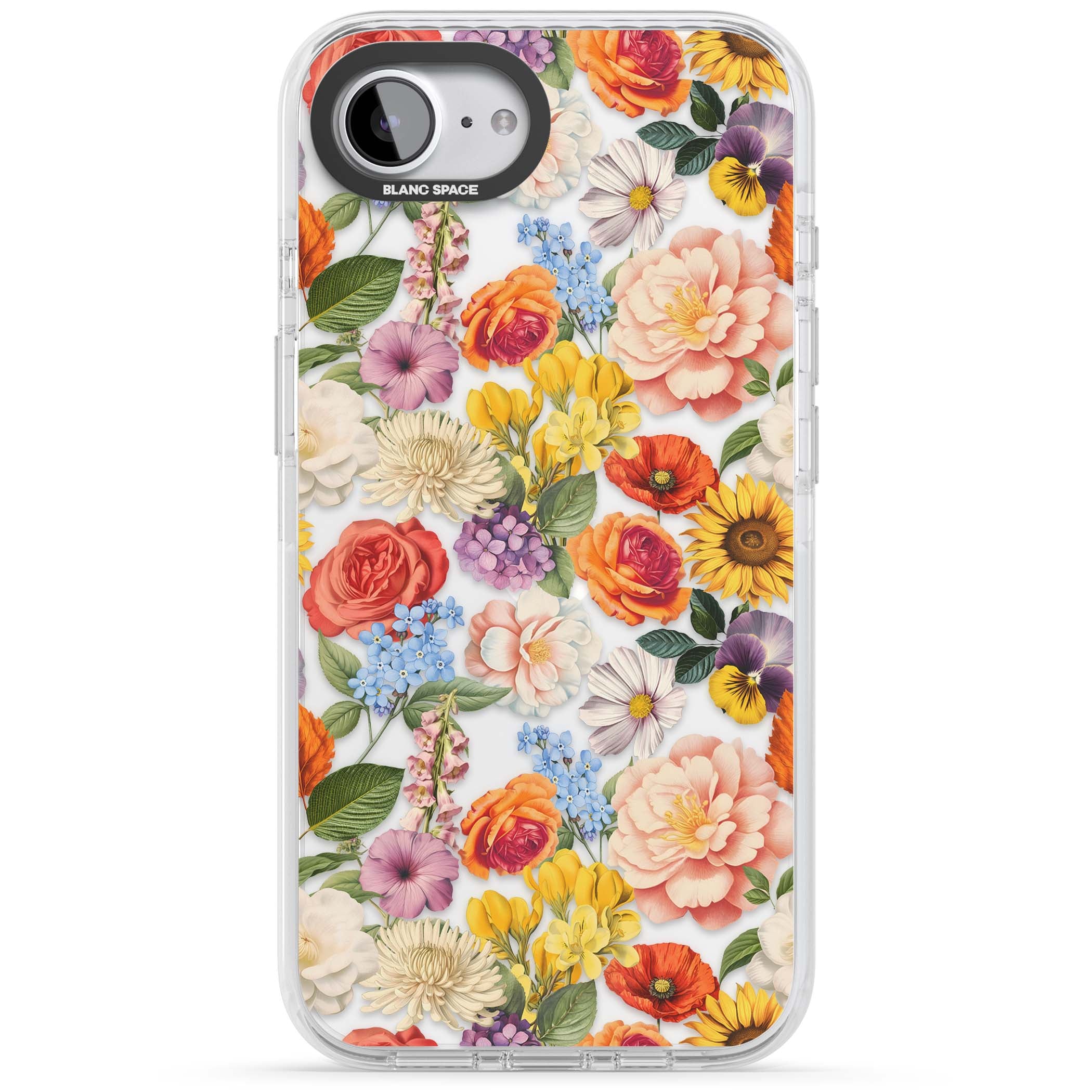 Bloom Basket floral iPhone case featuring cottage garden flowers including peonies, sunflowers, and wildflowers in pastel col | Clear Impact case for iPhone 16e, iPhone 17e