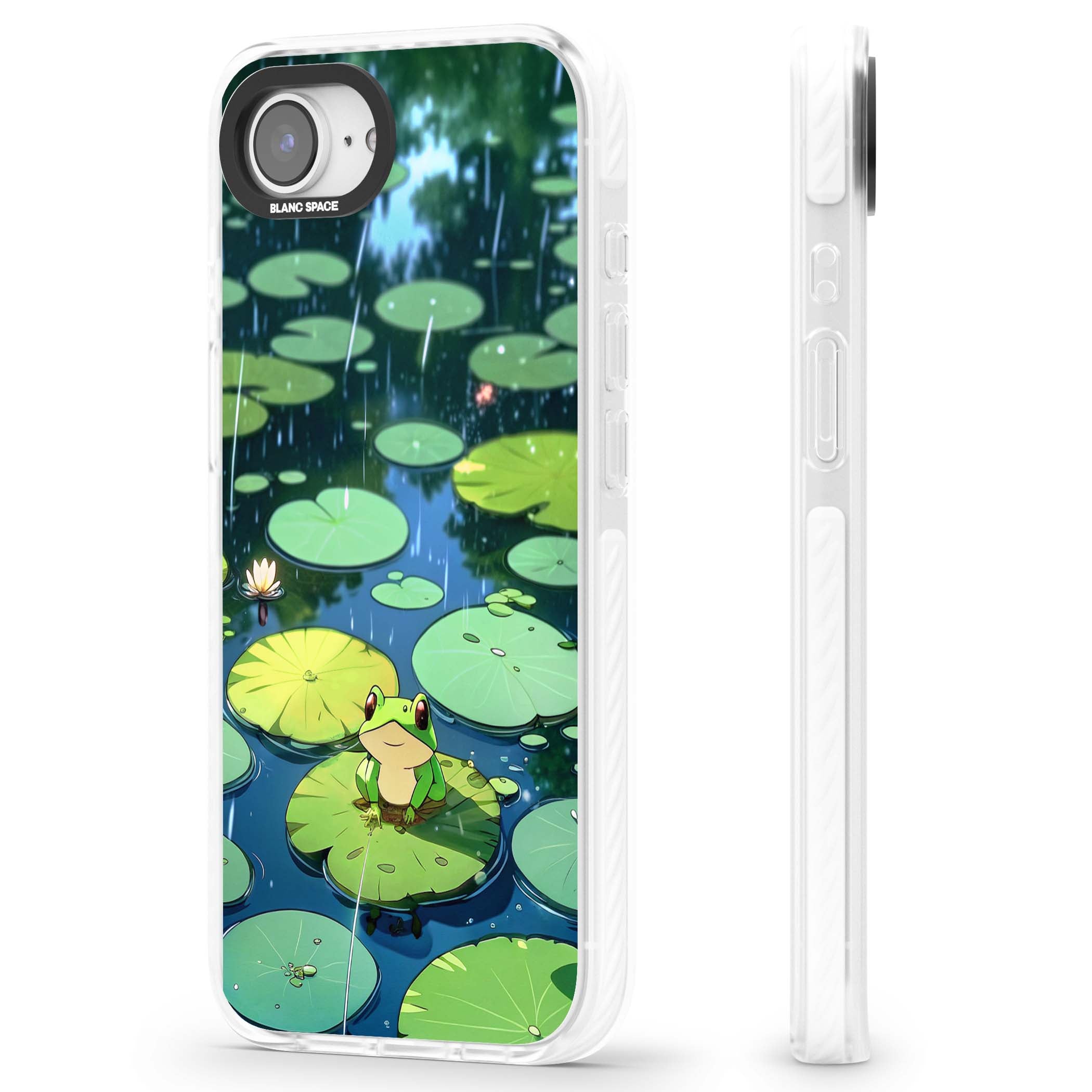 Frog In Lily Pond cottagecore iPhone case featuring a cute green frog on a lily pad with falling rain and a lotus flower | Clear Impact case for iPhone 16e, iPhone 17e