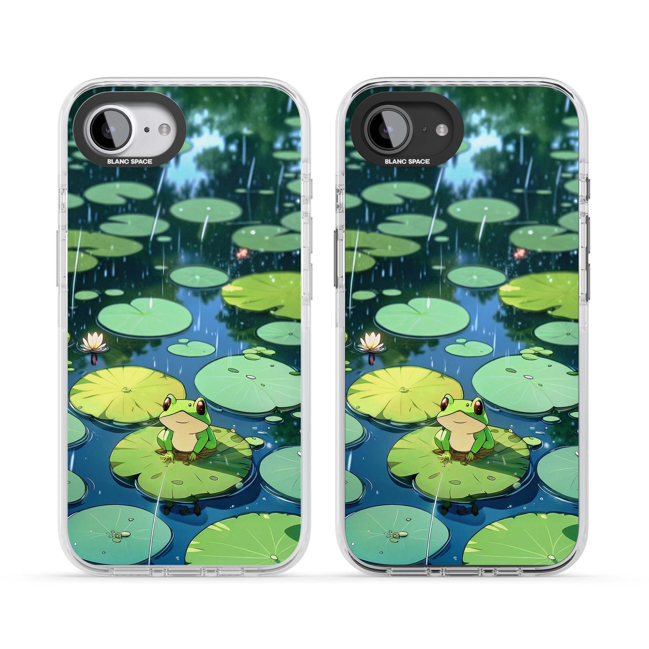 Frog In Lily Pond cottagecore iPhone case featuring a cute green frog on a lily pad with falling rain and a lotus flower | Clear Impact case for iPhone 16e, iPhone 17e