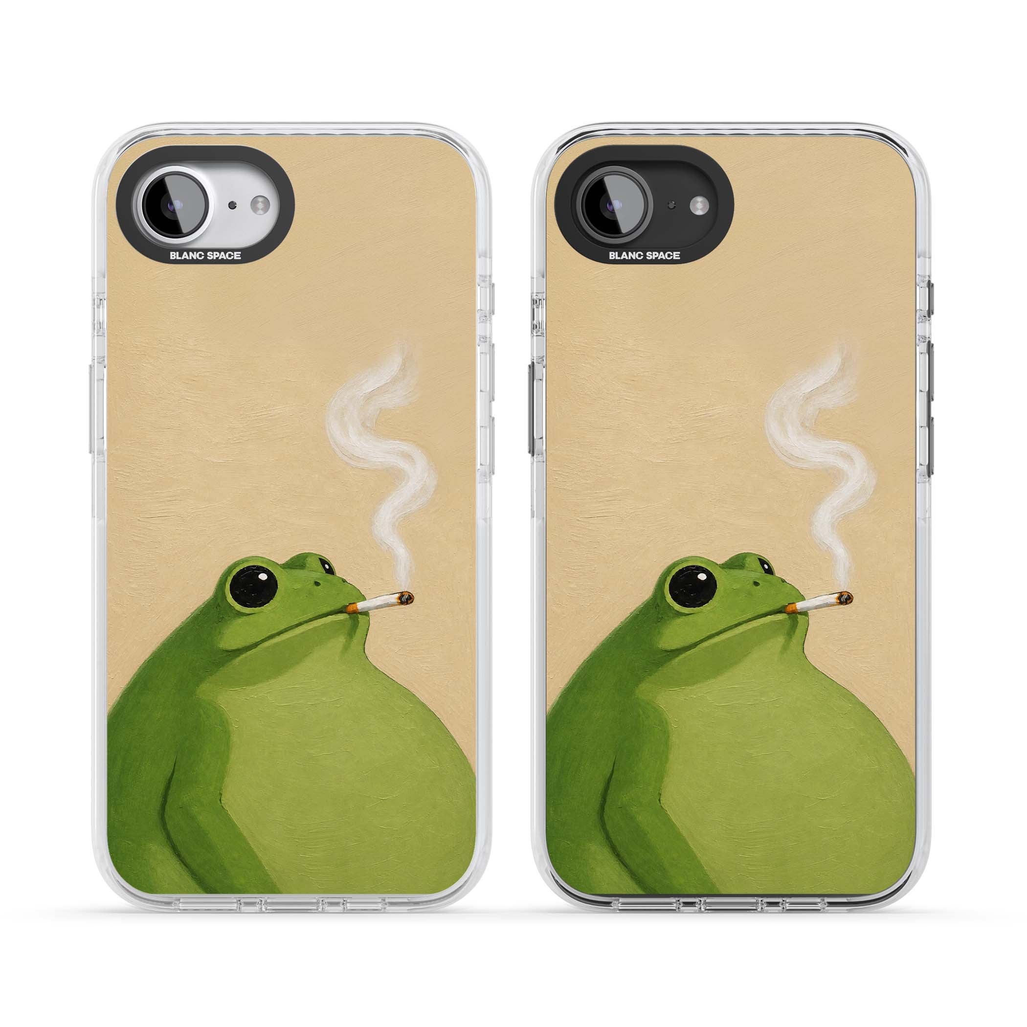 The Smoking Frog cottagecore iPhone case featuring a hand-painted green frog smoking a cigarette on a cream oil painting back | Clear Impact case for iPhone 16e, iPhone 17e