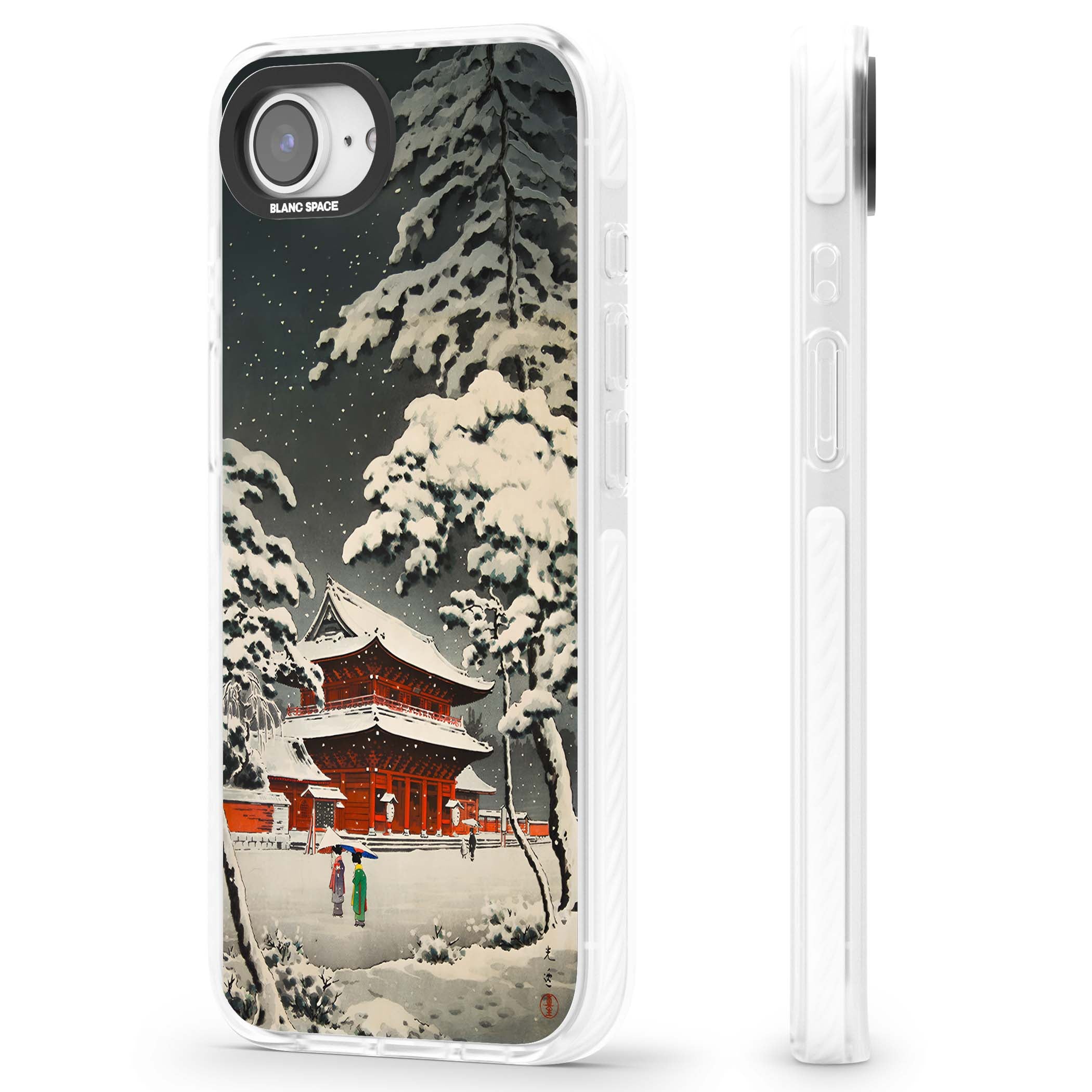 Snow at Shiha Park, Tokyo Japanese art iPhone case featuring a vintage ukiyo-e snowy temple, red pagoda, and snow-covered pin | Clear Impact case for iPhone 16e, iPhone 17e