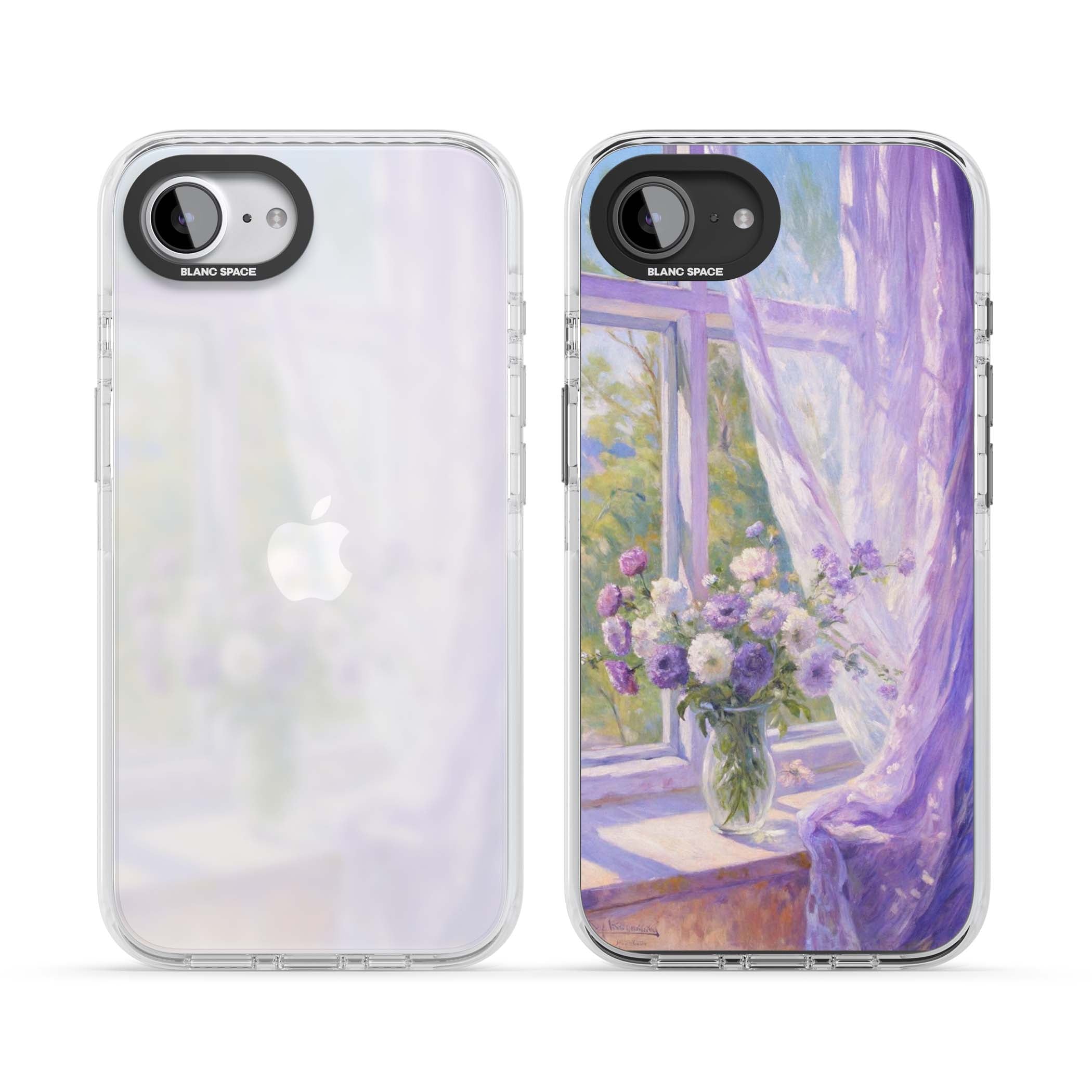 A Provence Morning impressionist art iPhone case featuring a vase of purple flowers, sunlit window and sheer curt | Clear Impact case for iPhone 16e, iPhone 17e