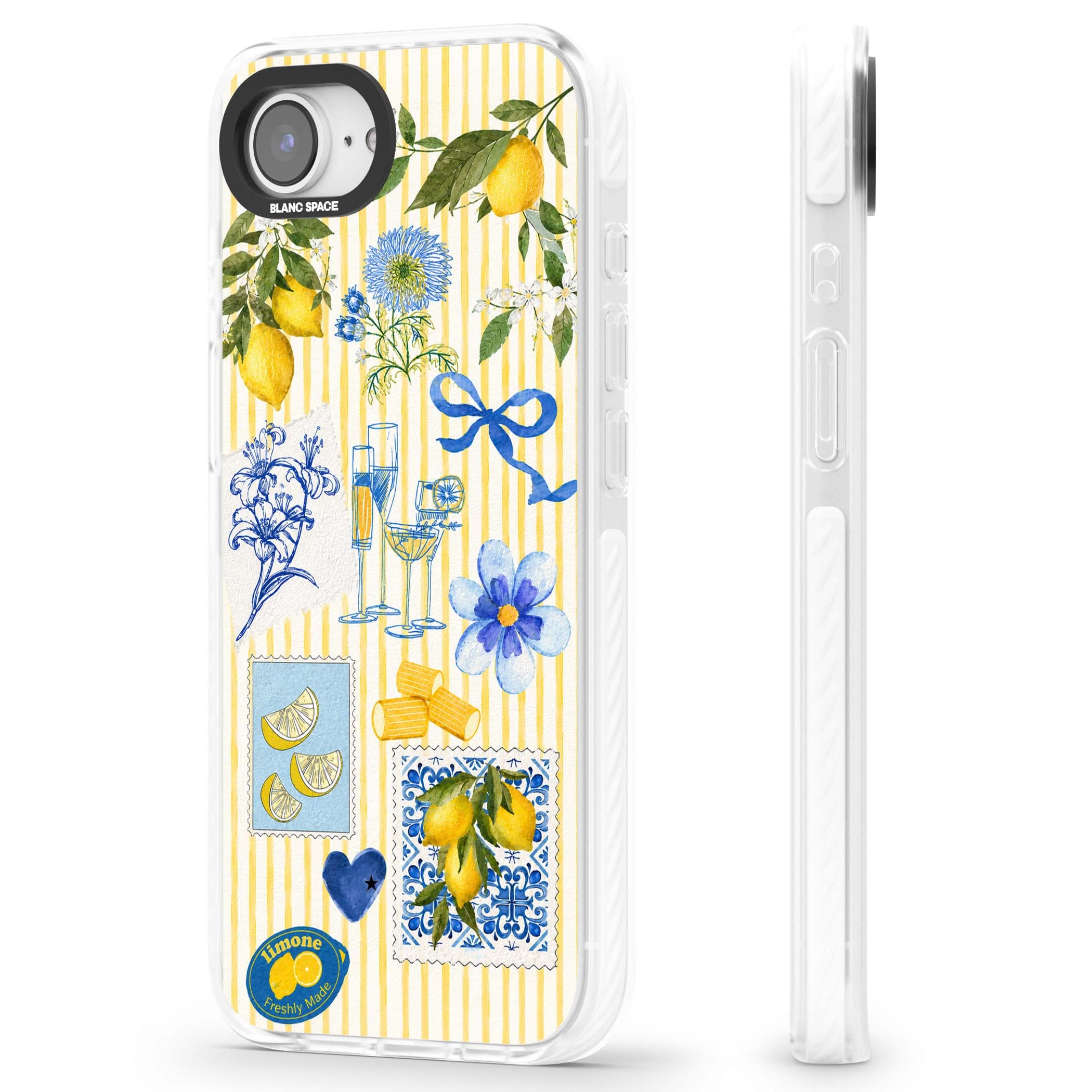 Limone Riviera Italian summer iPhone case featuring watercolour lemons, blue ribbon bows and majolica tile stamps on... | Clear Impact case for iPhone 16e, iPhone 17e