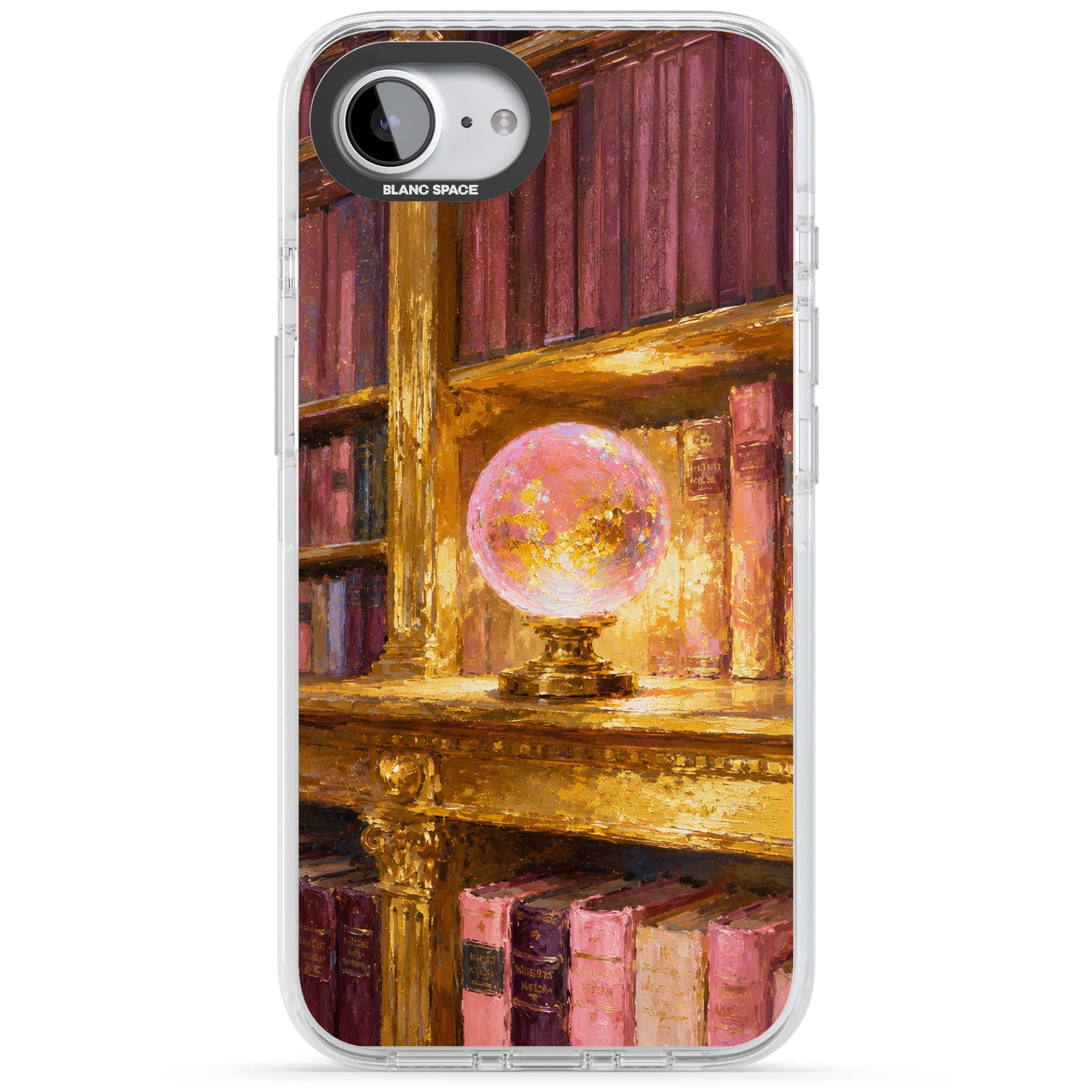 Gilded Library dark academia iPhone case featuring an oil painted crystal ball on a gilded library shelf with vintage | Clear Impact case for iPhone 16e, iPhone 17e