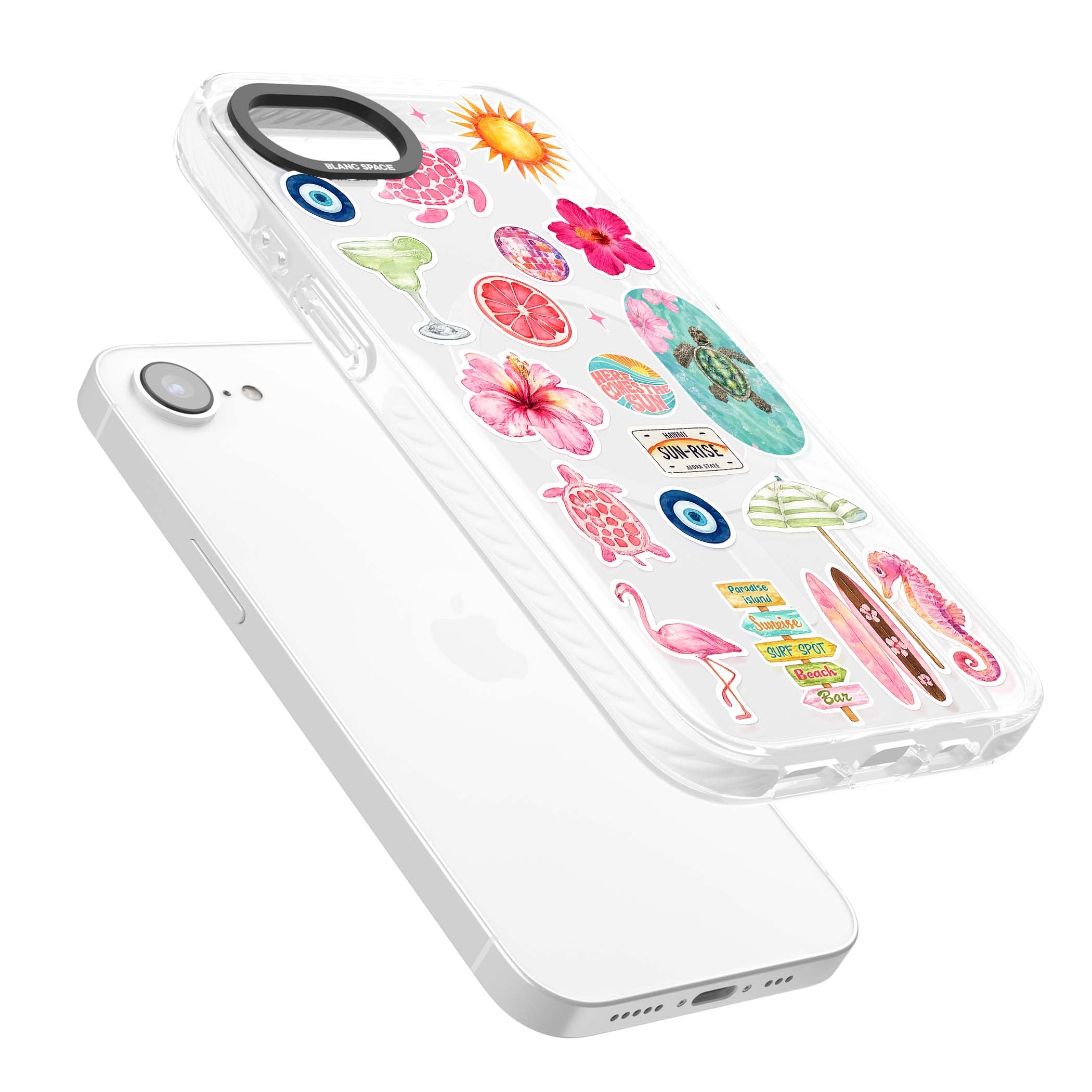 Aloha Sticker Mix tropical summer iPhone case featuring pink hibiscus, sea turtles, flamingo and beach umbrella stickers | Impact Magsafe case for iPhone 16e, iPhone 17e