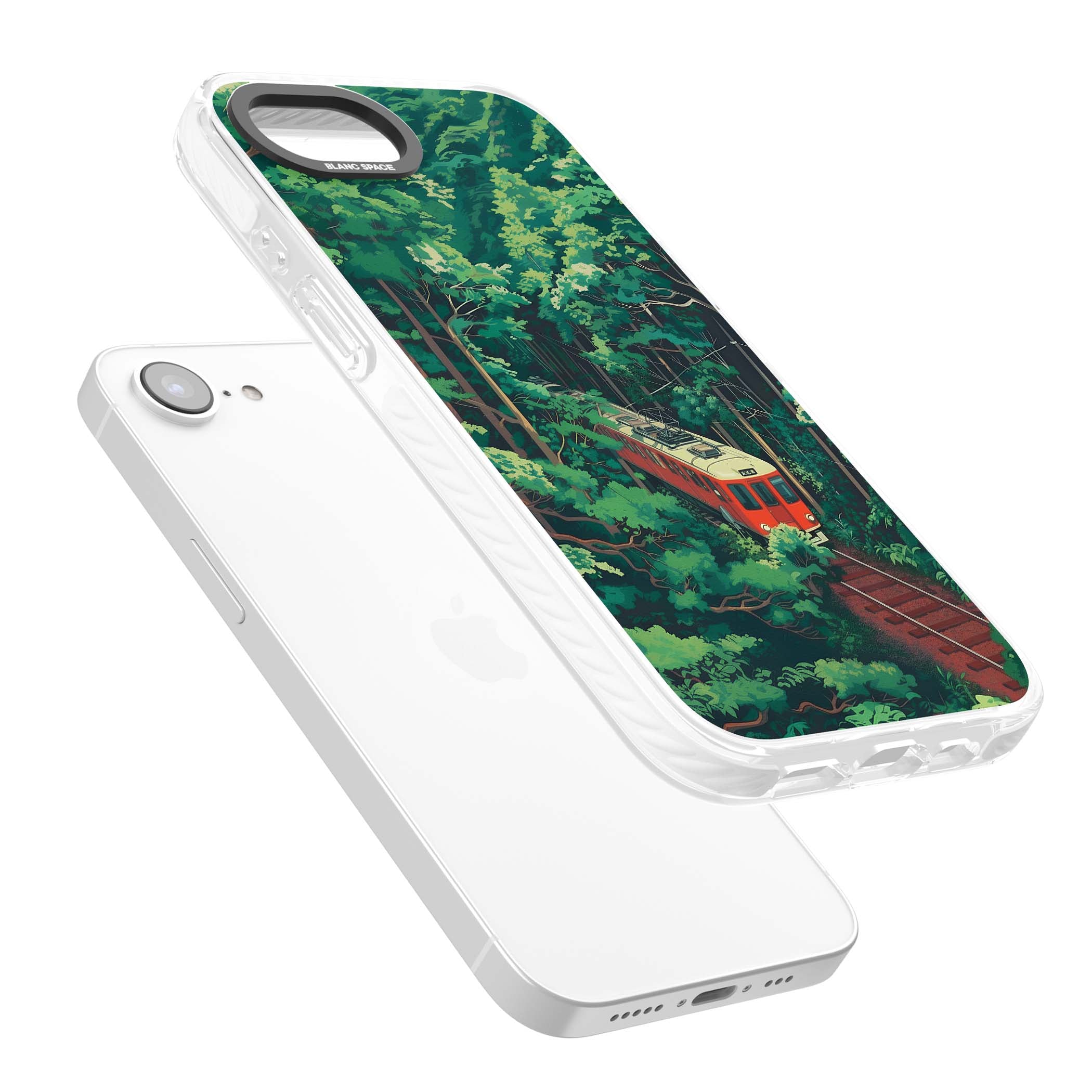 Railway In Toyama Japanese iPhone case featuring a red train, cedar forest and winding mountain railway tracks | Impact Magsafe case for iPhone 16e, iPhone 17e