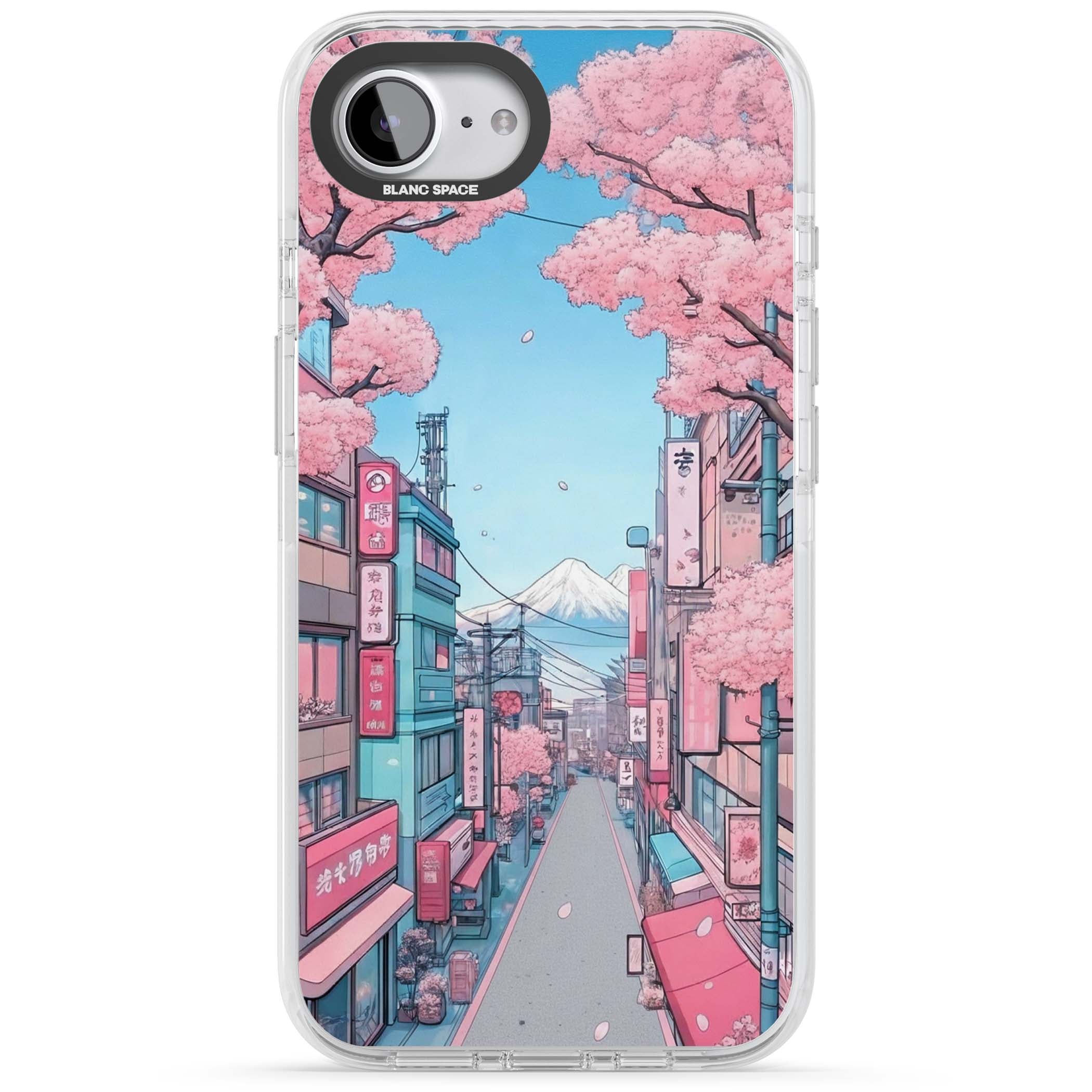 Sakura Lane anime iPhone case featuring Tokyo street scene with cherry blossoms and Mount Fuji | Impact Magsafe case for iPhone 16e, iPhone 17e