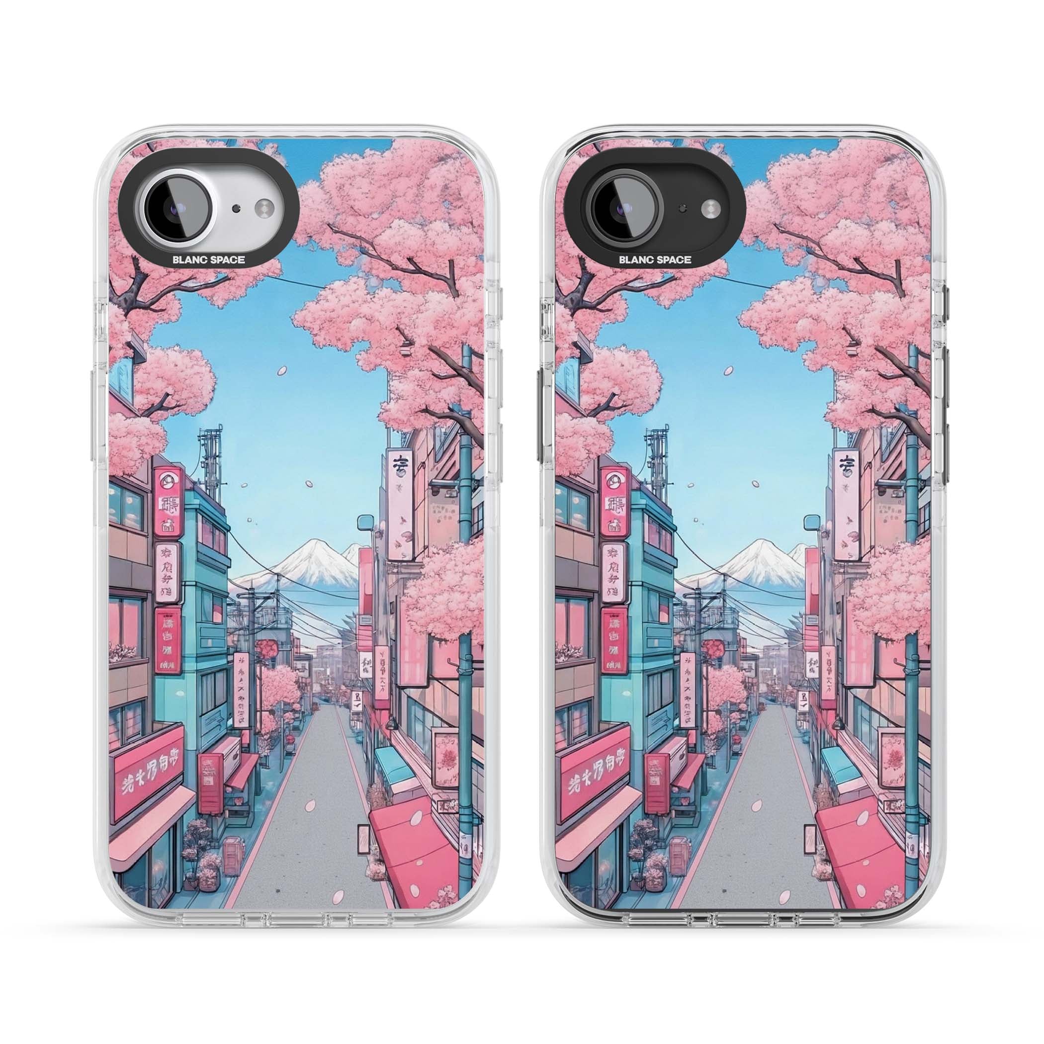 Sakura Lane anime iPhone case featuring Tokyo street scene with cherry blossoms and Mount Fuji | Impact Magsafe case for iPhone 16e, iPhone 17e