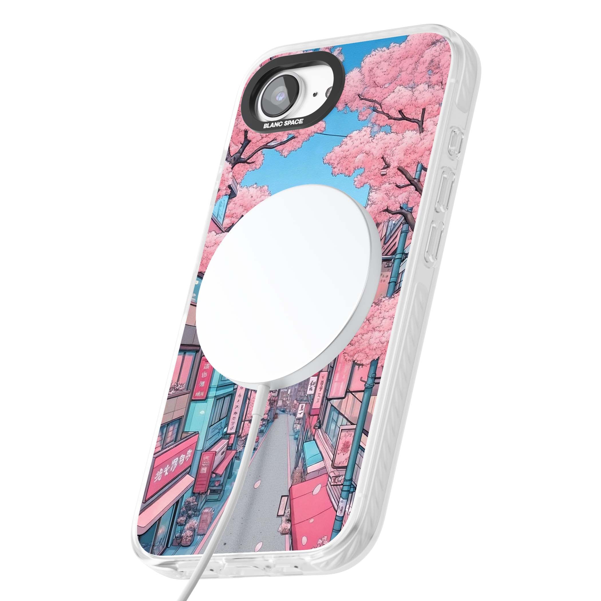 Sakura Lane anime iPhone case featuring Tokyo street scene with cherry blossoms and Mount Fuji | Impact Magsafe case for iPhone 16e, iPhone 17e
