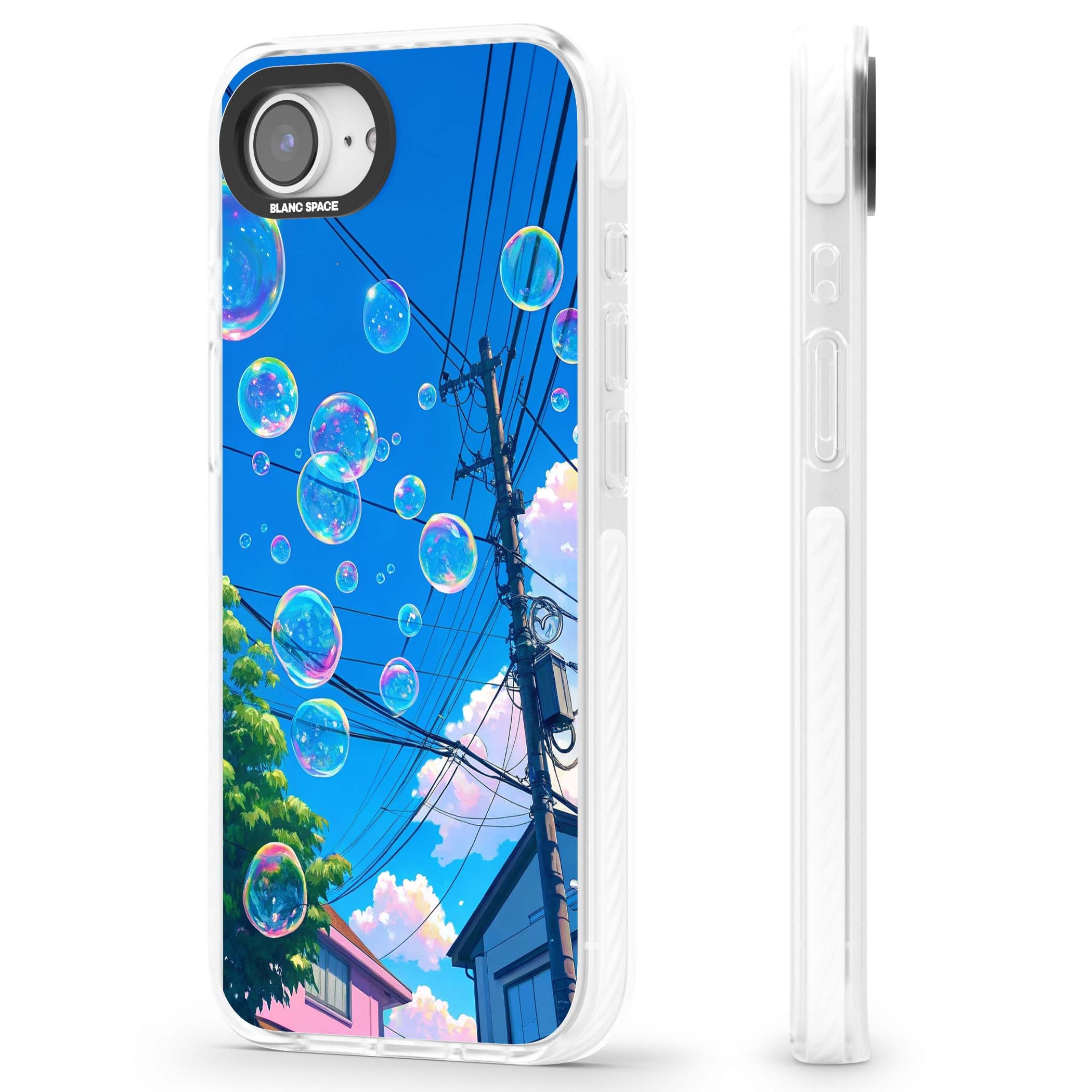 Suburban Bubbles anime iPhone case featuring iridescent soap bubbles, blue sky and Japanese telephone wires | Impact Magsafe case for iPhone 16e, iPhone 17e