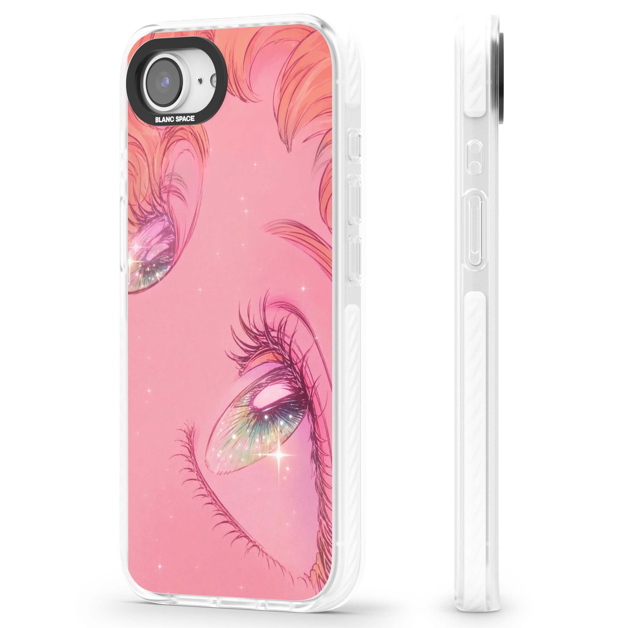 Pink Ethereal Gaze anime iPhone case featuring sparkling manga eyes, coral lashes and dreamy peach sky | Impact Magsafe case for iPhone 16e, iPhone 17e