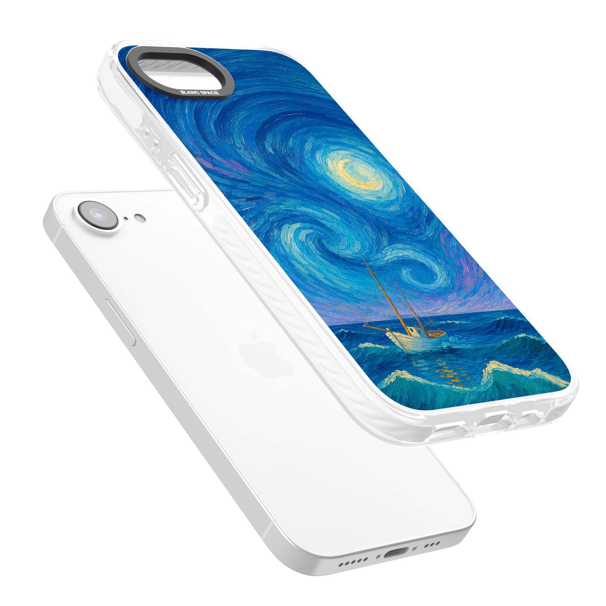 Moonlit Tide Van Gogh art iPhone case featuring swirling starry night sky, glowing moon and lone sailing boat at sea | Impact Magsafe case for iPhone 16e, iPhone 17e