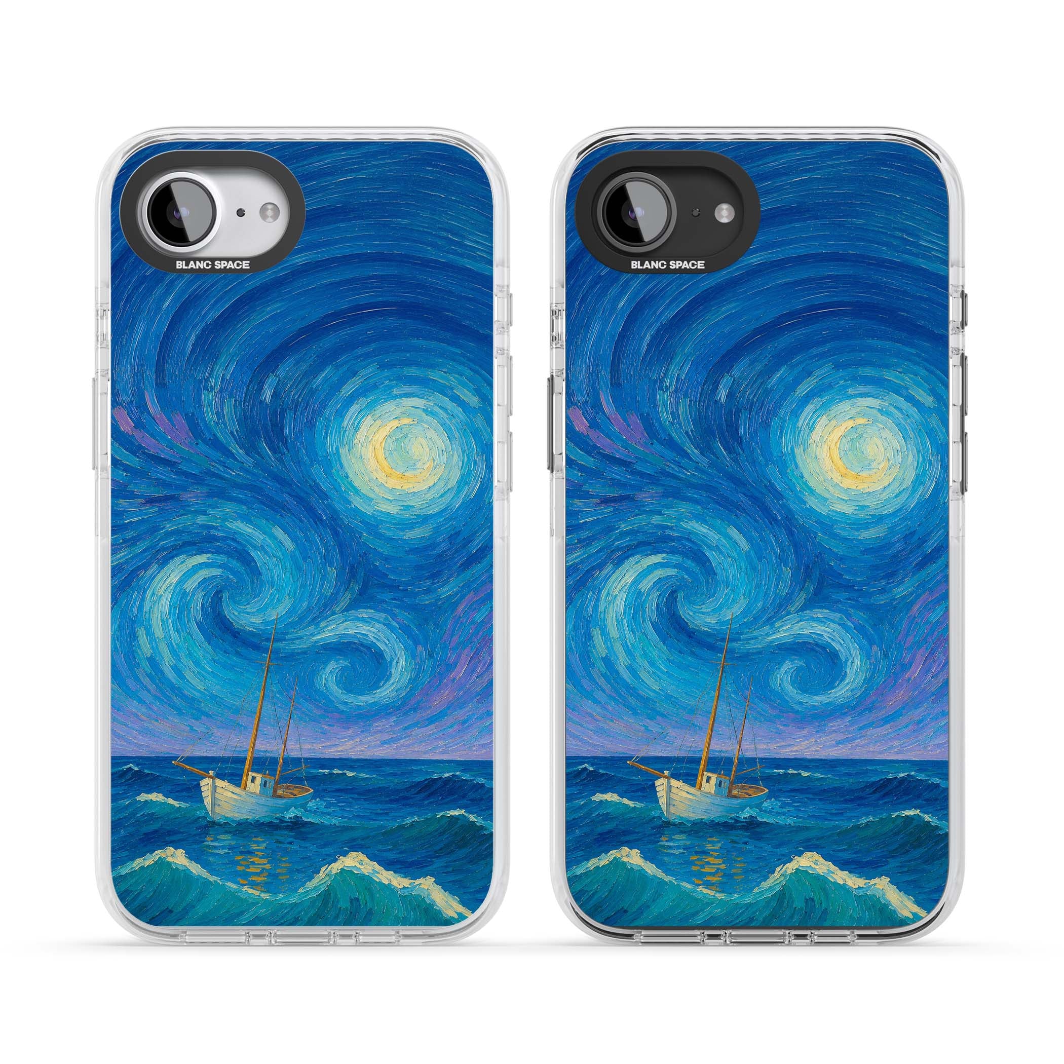 Moonlit Tide Van Gogh art iPhone case featuring swirling starry night sky, glowing moon and lone sailing boat at sea | Impact Magsafe case for iPhone 16e, iPhone 17e