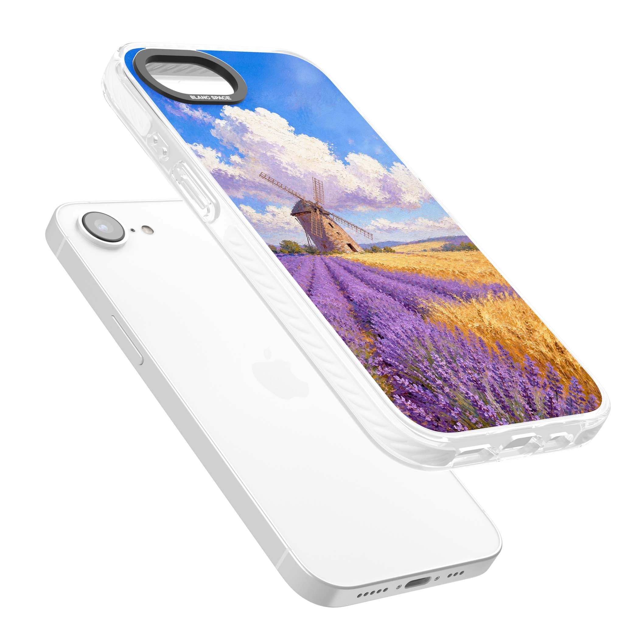 Lavender Mill cottagecore iPhone case featuring a French windmill, lavender field and golden wheat oil painting | Impact Magsafe case for iPhone 16e, iPhone 17e