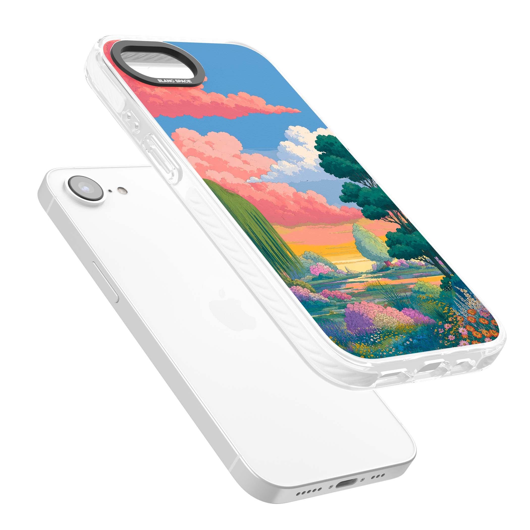 Dream Valley anime landscape iPhone case featuring pink sunset clouds, willow trees and wildflowers | Impact Magsafe case for iPhone 16e, iPhone 17e